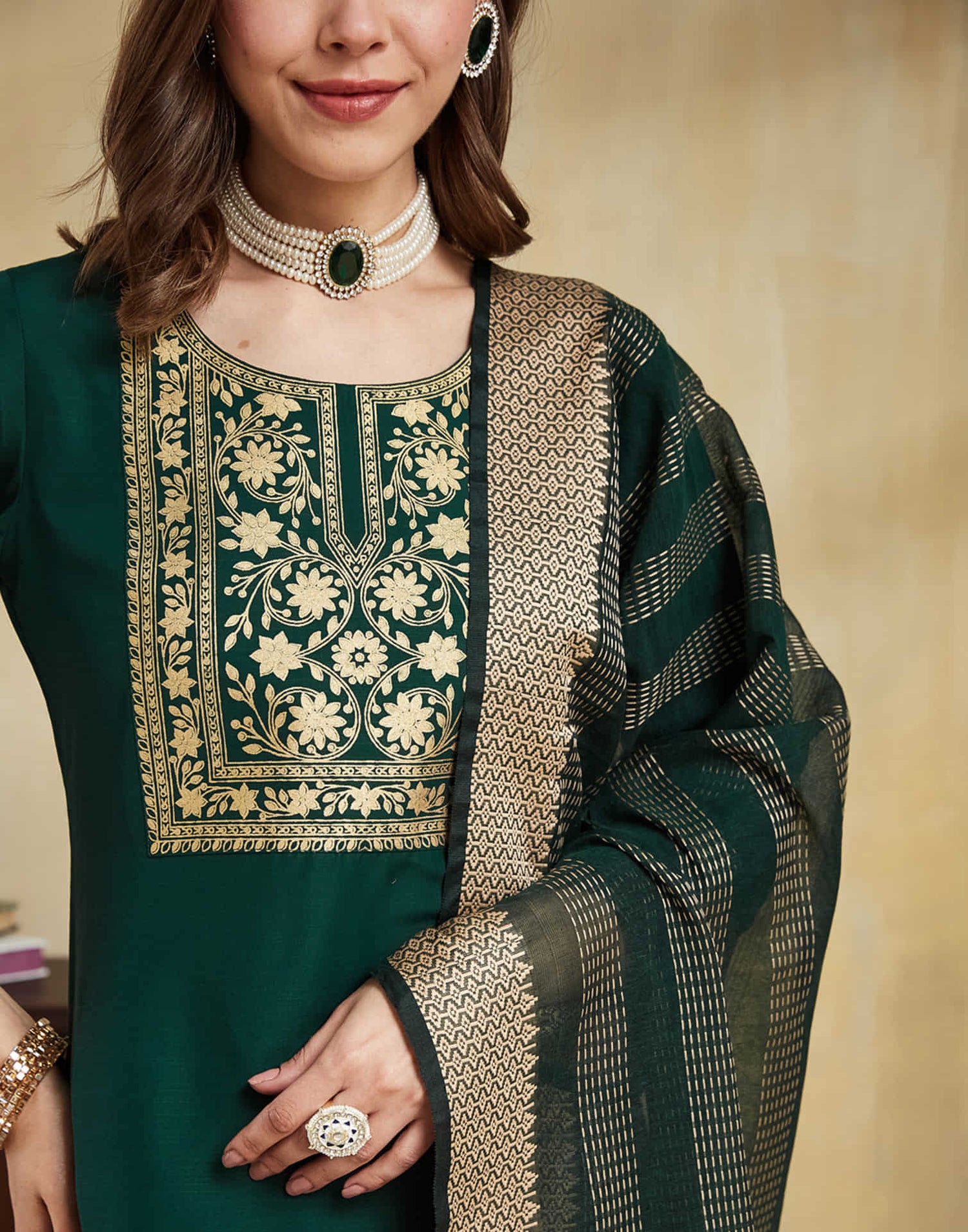 Dark Green Cotton Printed Straight Kurta Set With Dupatta