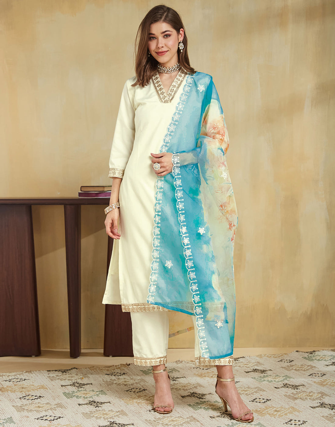 Cream Silk Embroidery Straight Kurta Set With Dupatta