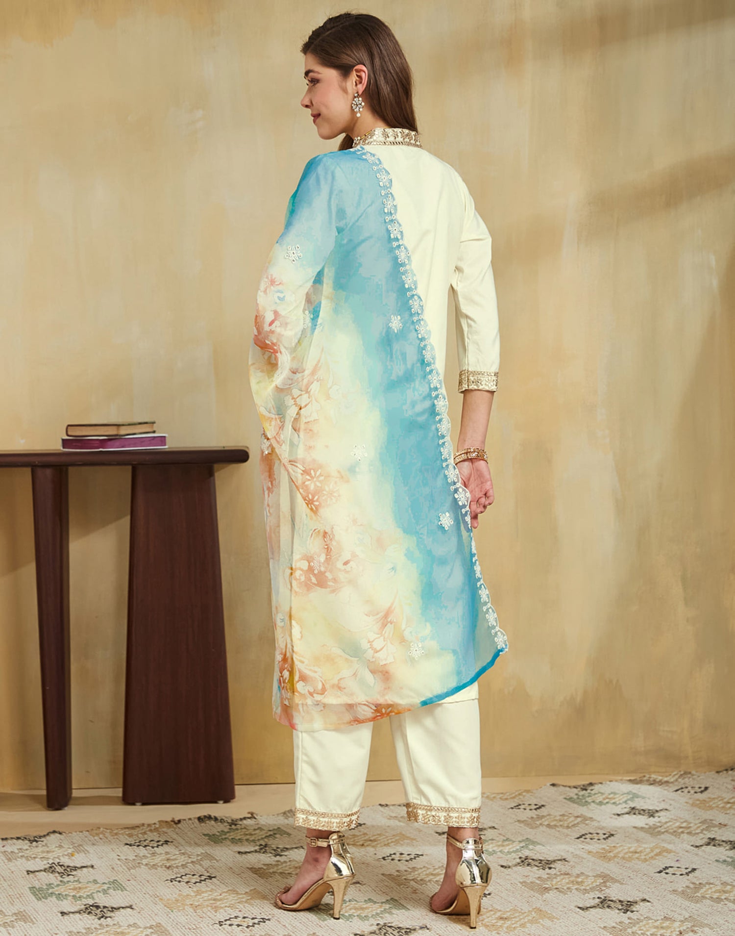 Cream Silk Embroidery Straight Kurta Set With Dupatta