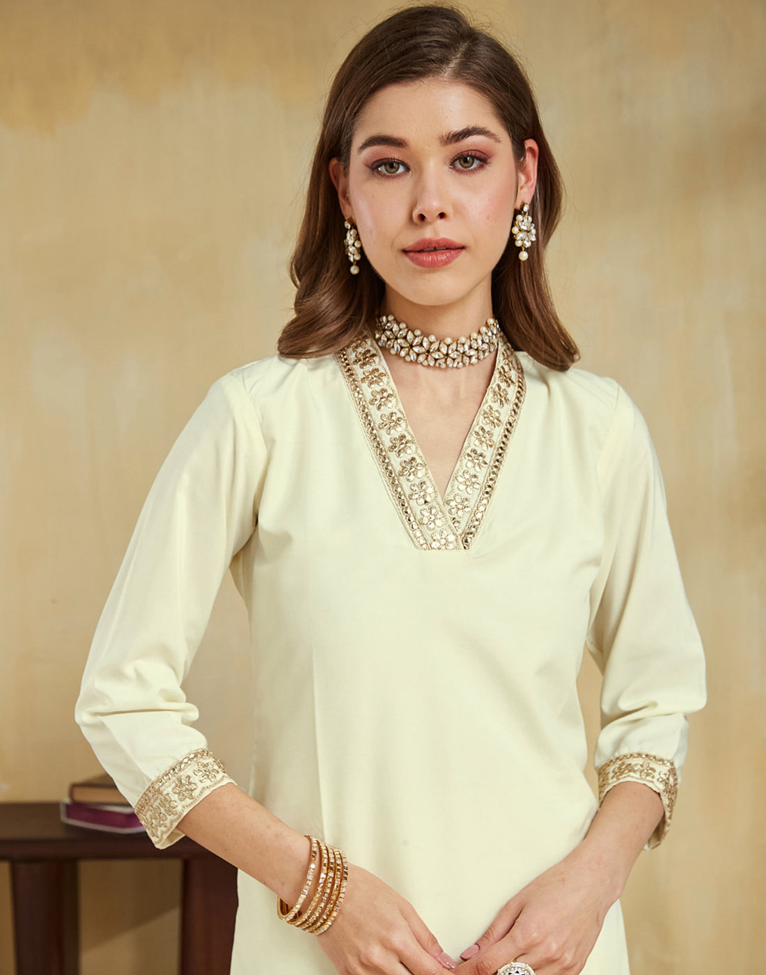 Cream Silk Embroidery Straight Kurta Set With Dupatta