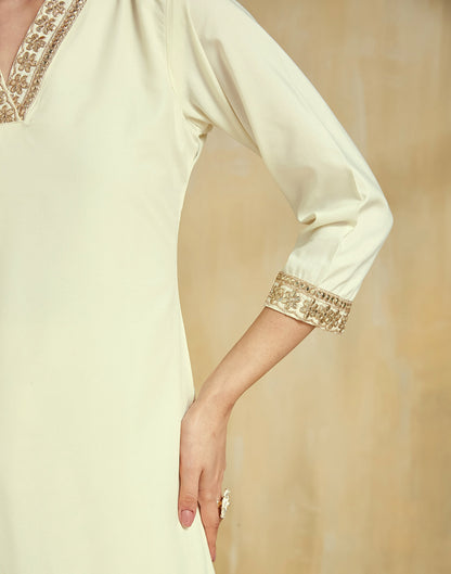 Cream Silk Embroidery Straight Kurta Set With Dupatta