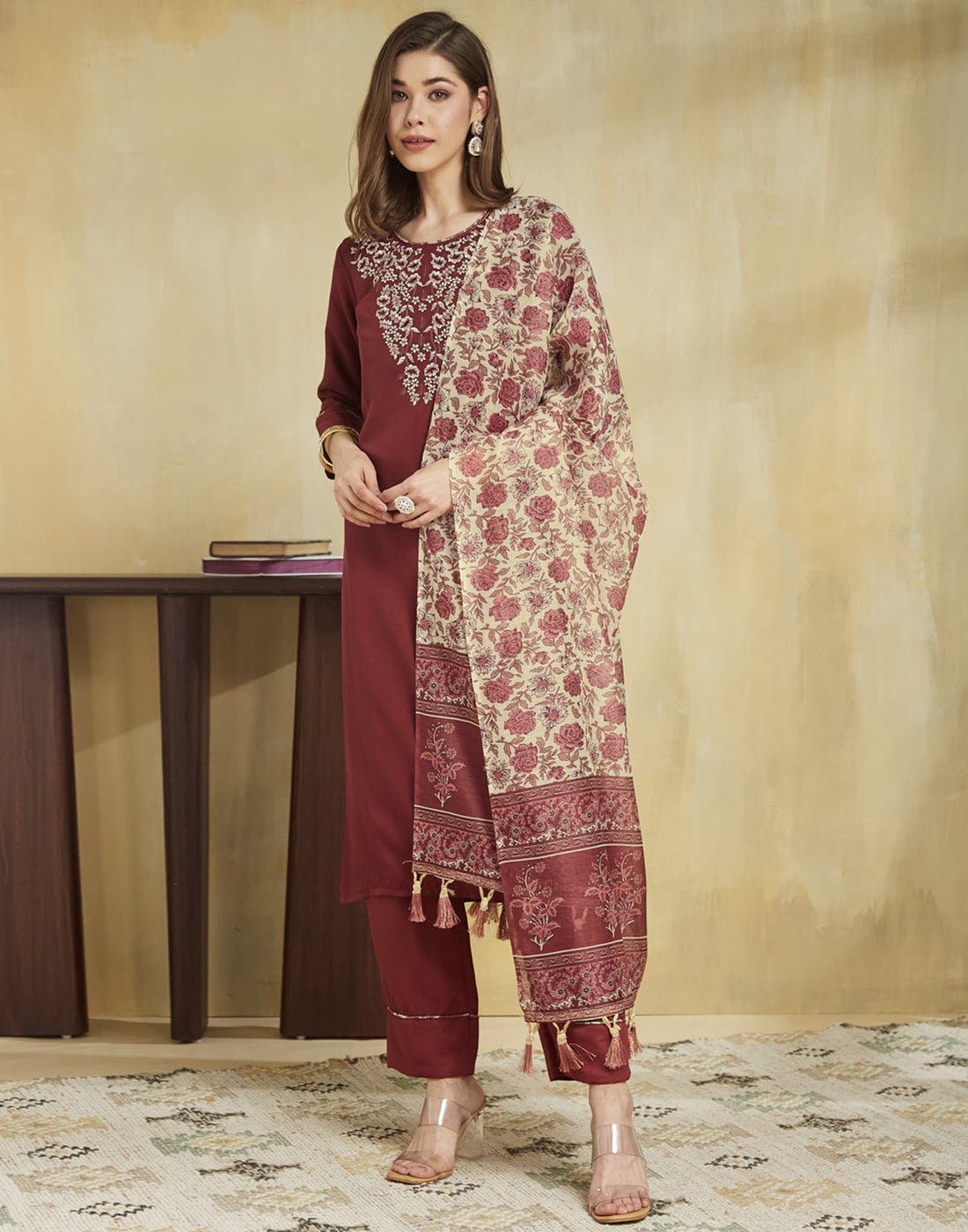 Maroon Silk Embroidery Straight Kurta Set With Dupatta