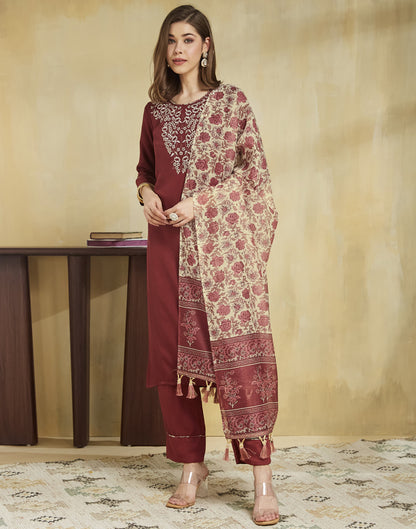Maroon Silk Embroidery Straight Kurta Set With Dupatta