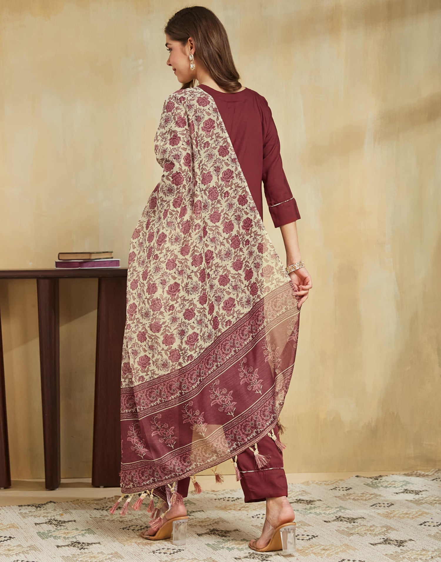 Maroon Silk Embroidery Straight Kurta Set With Dupatta