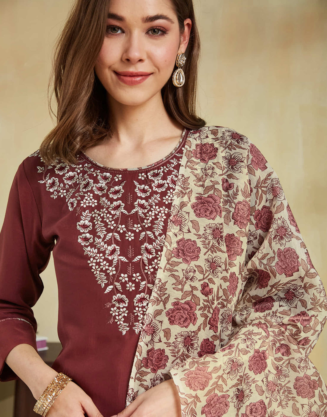 Maroon Silk Embroidery Straight Kurta Set With Dupatta