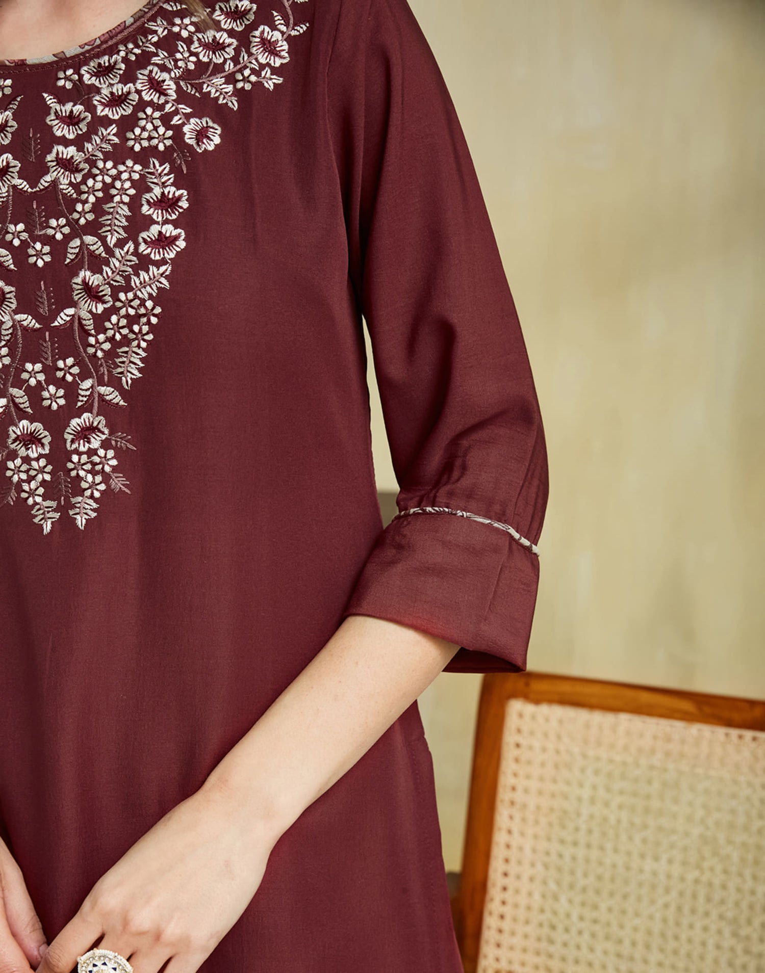 Maroon Silk Embroidery Straight Kurta Set With Dupatta