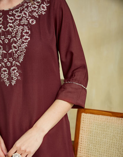 Maroon Silk Embroidery Straight Kurta Set With Dupatta