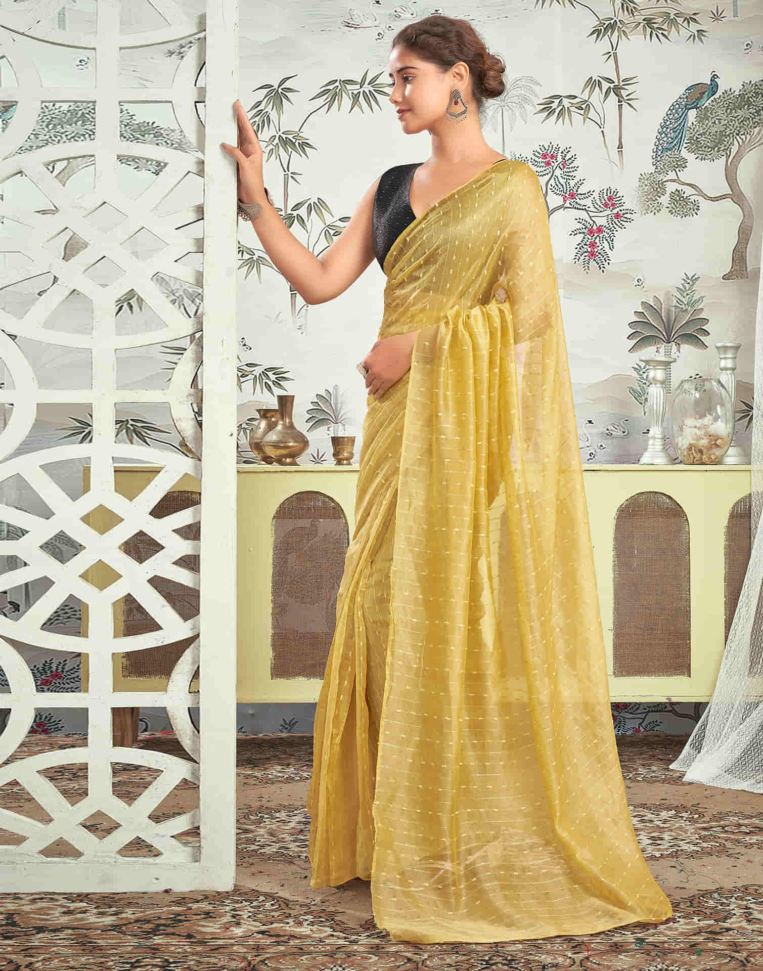 Ready To Wear Mustard Yellow Woven Silk Saree