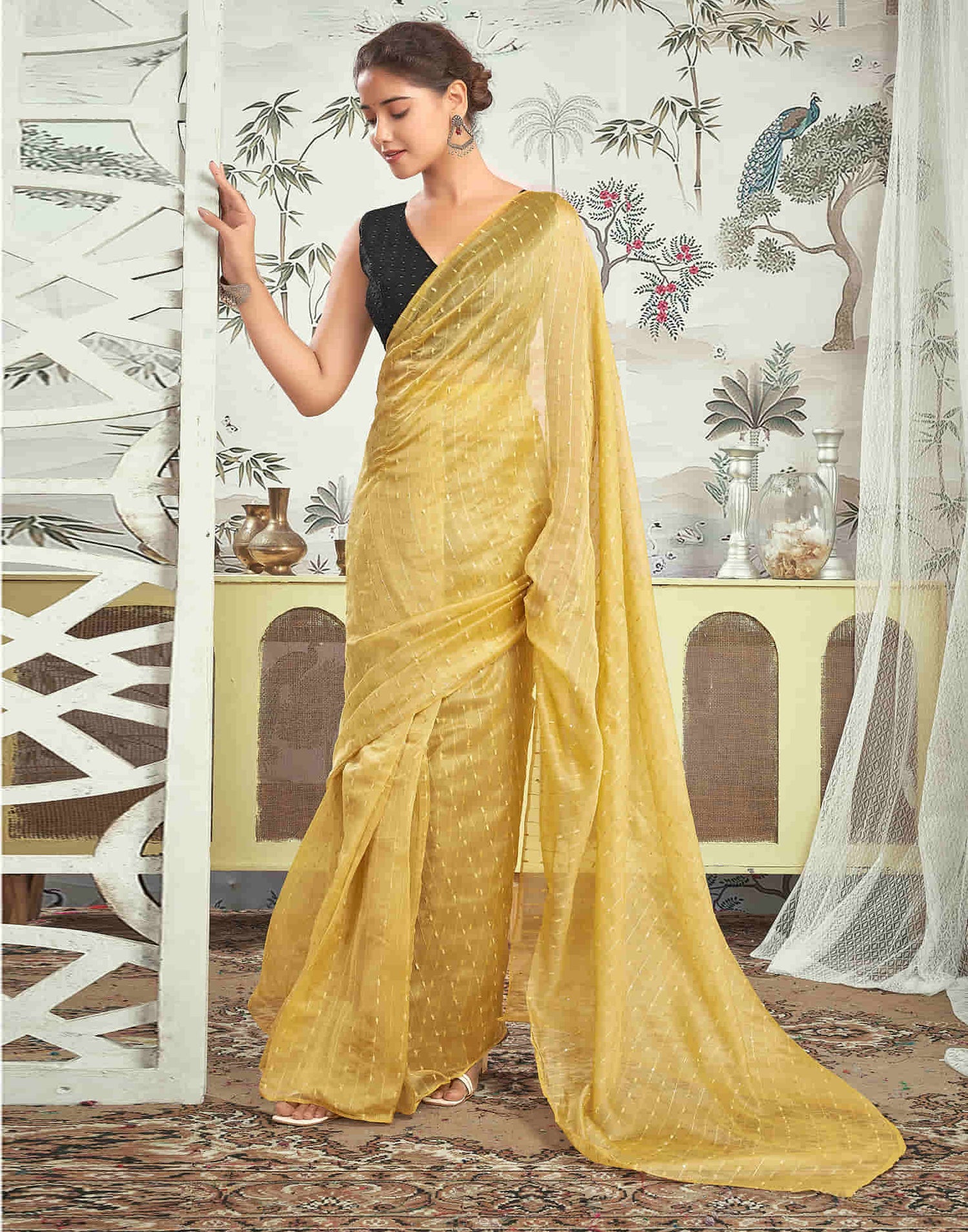 Ready To Wear Mustard Yellow Woven Silk Saree