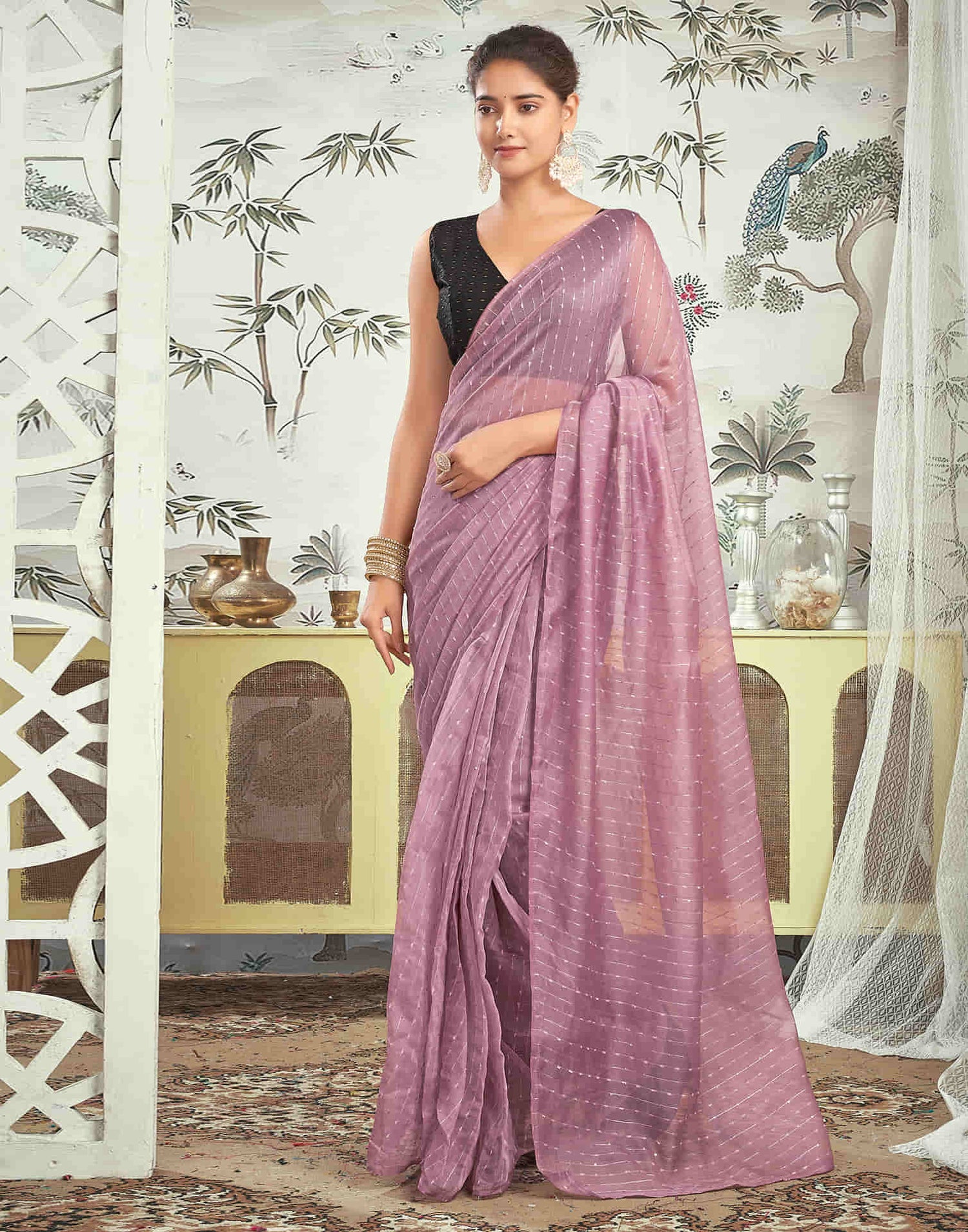 Ready To Wear Mauve Woven Silk Saree