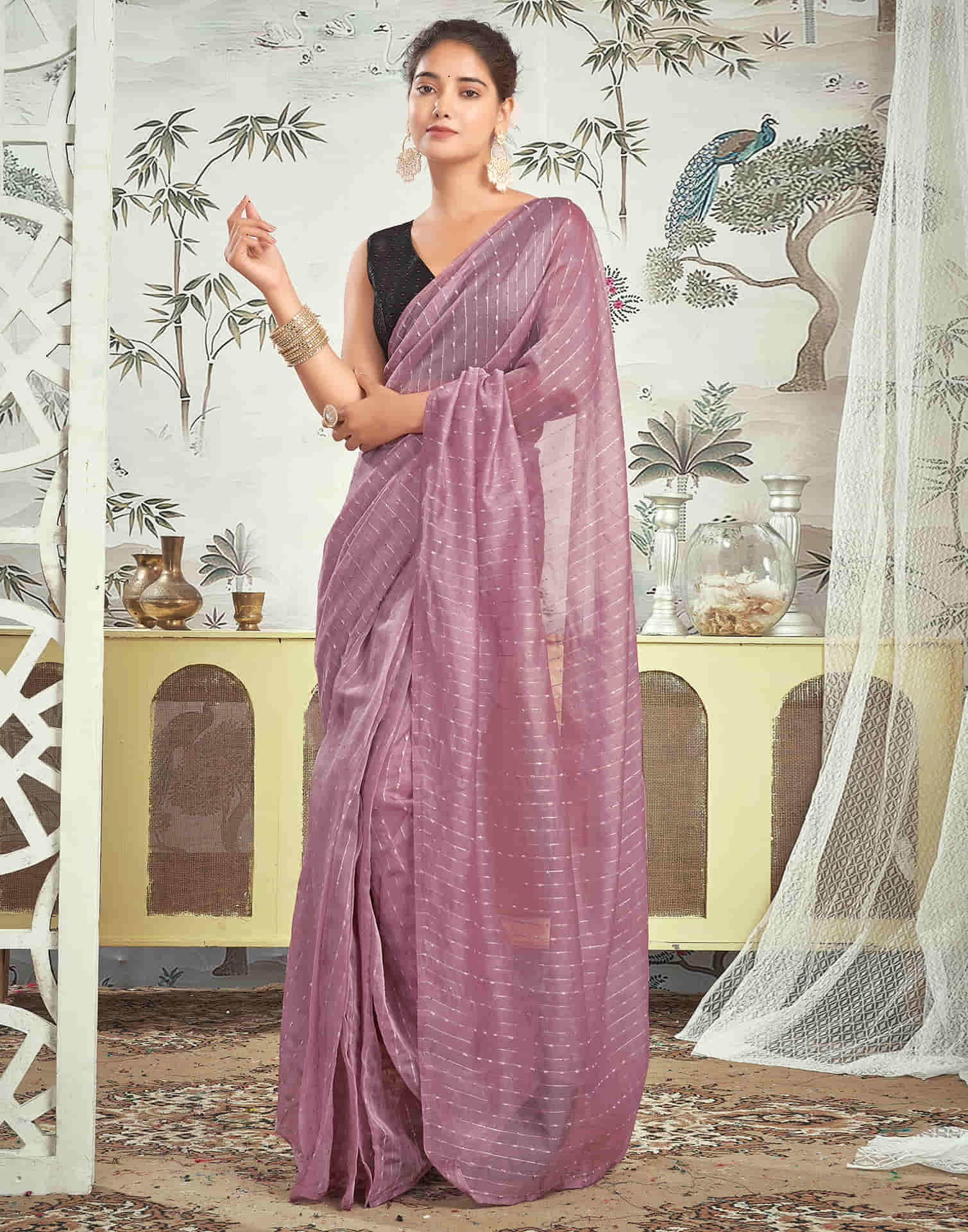 Ready To Wear Mauve Woven Silk Saree