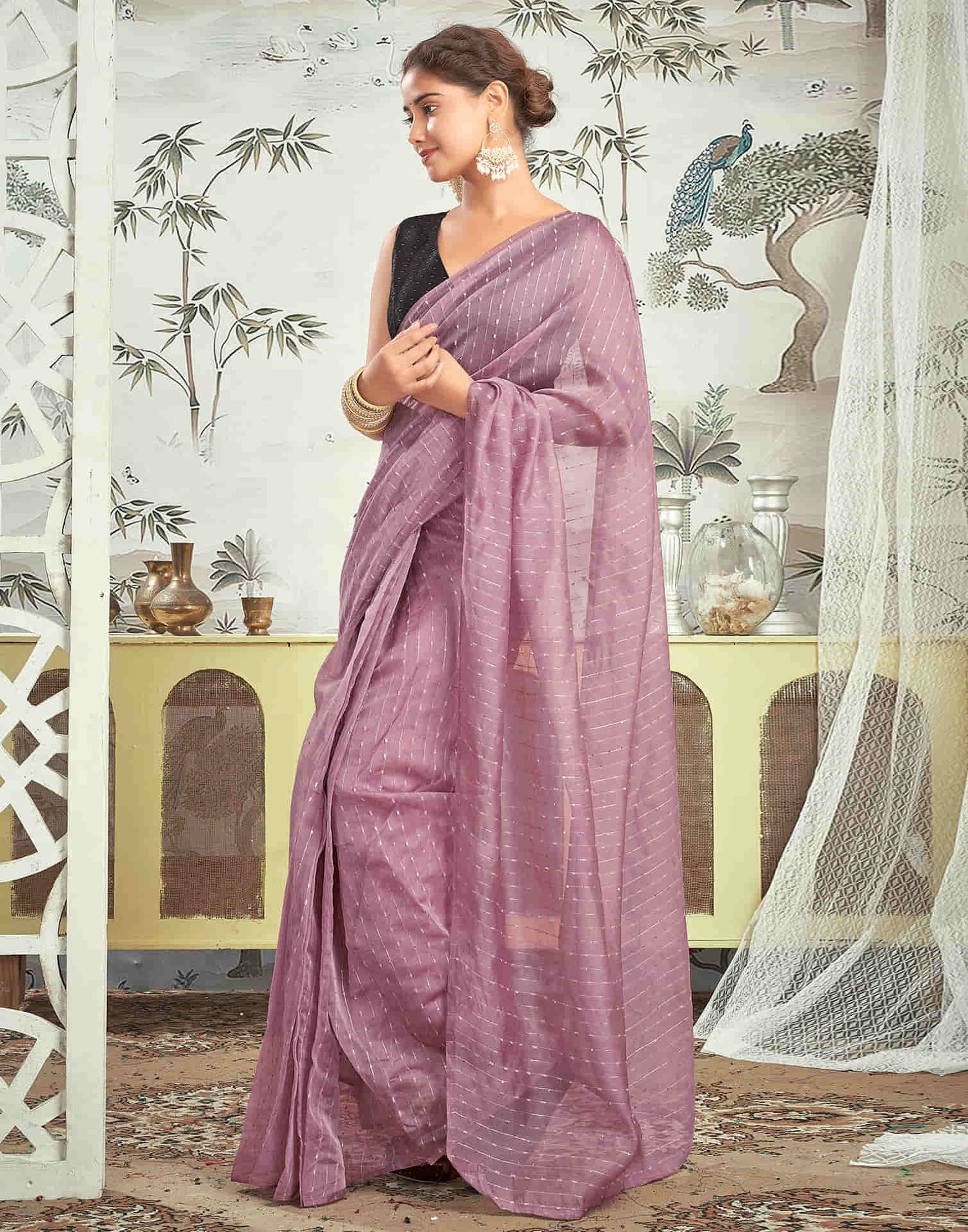 Ready To Wear Mauve Woven Silk Saree