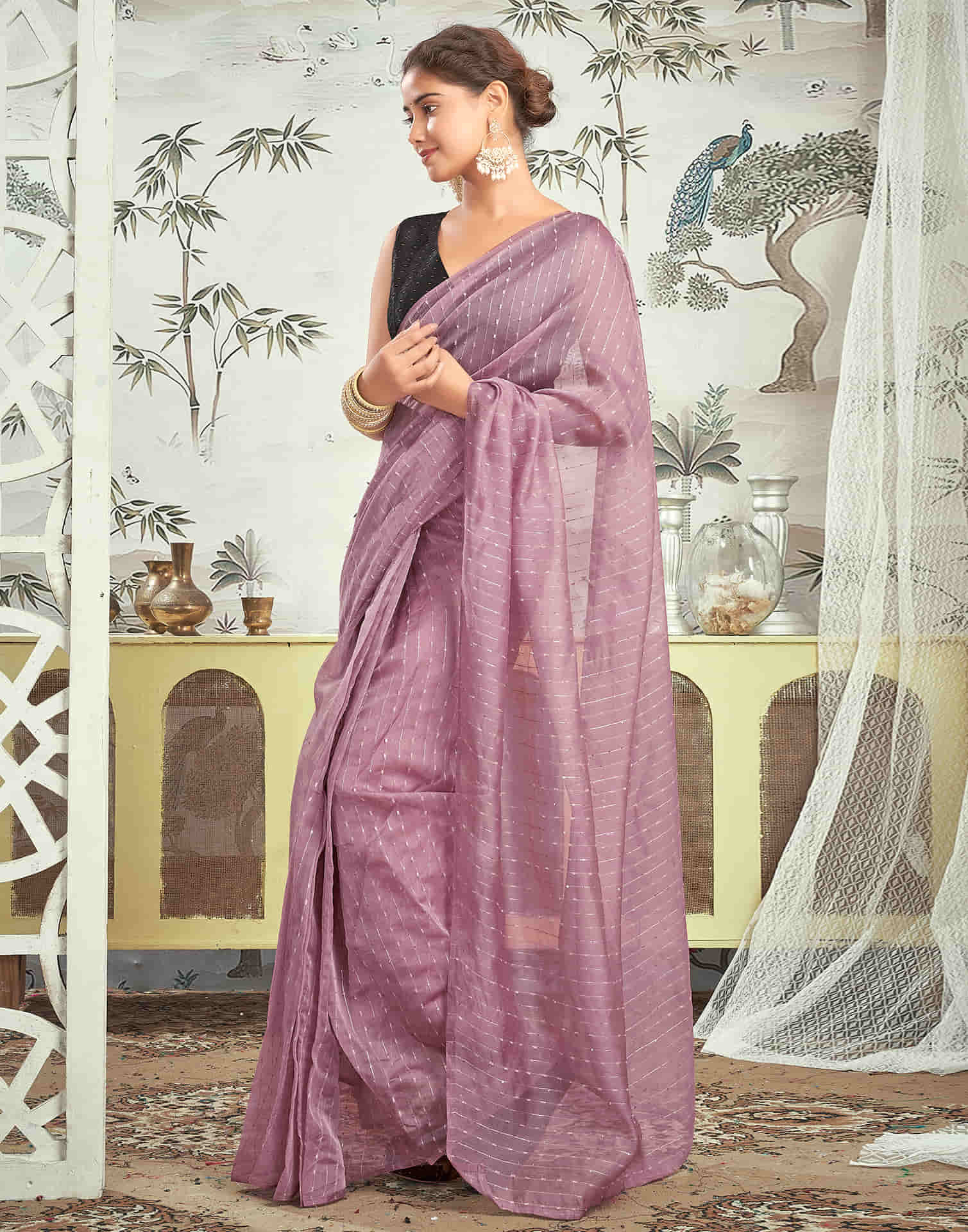 Ready To Wear Mauve Woven Silk Saree