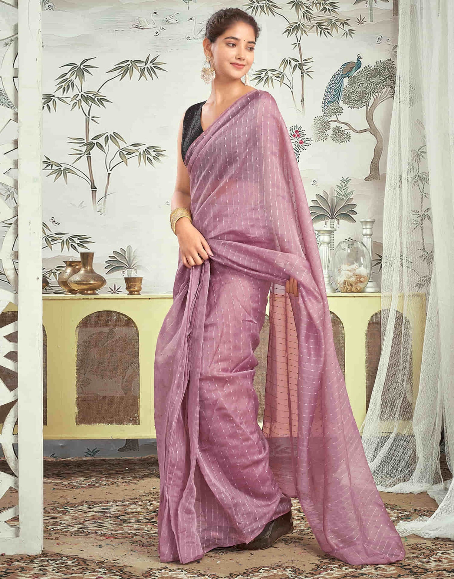 Ready To Wear Mauve Woven Silk Saree