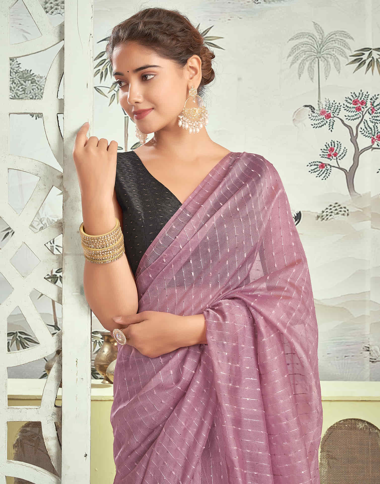 Ready To Wear Mauve Woven Silk Saree