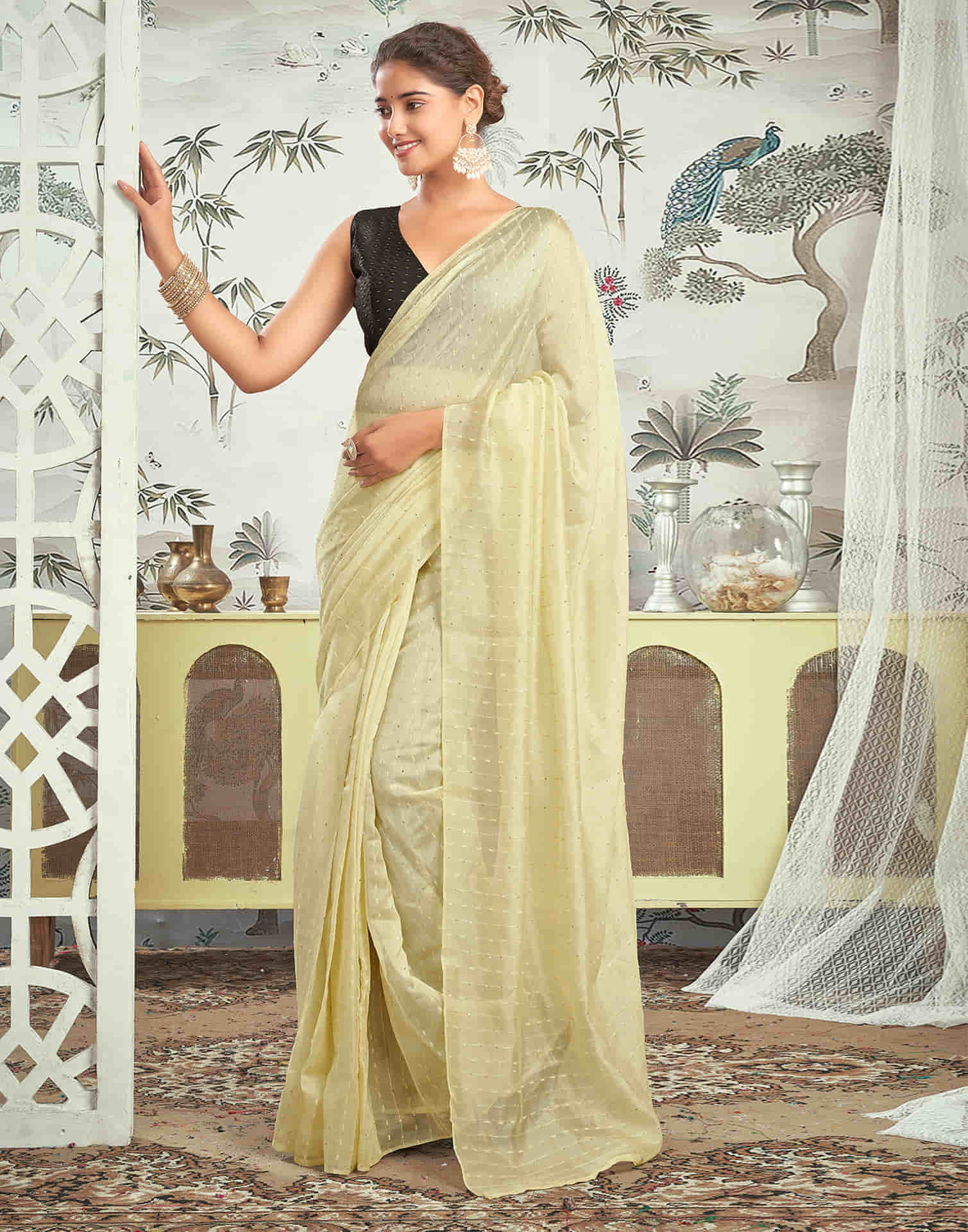 Ready To Wear Cream Woven Silk Saree