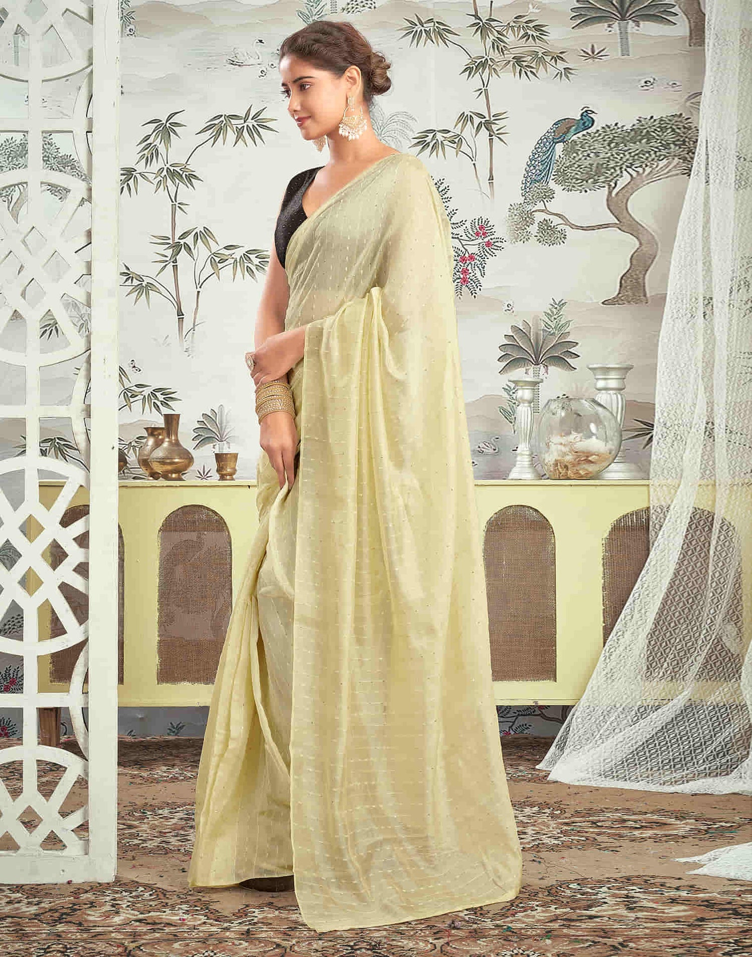 Ready To Wear Cream Woven Silk Saree