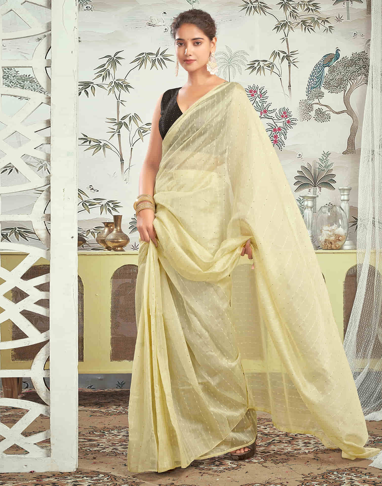 Ready To Wear Cream Woven Silk Saree