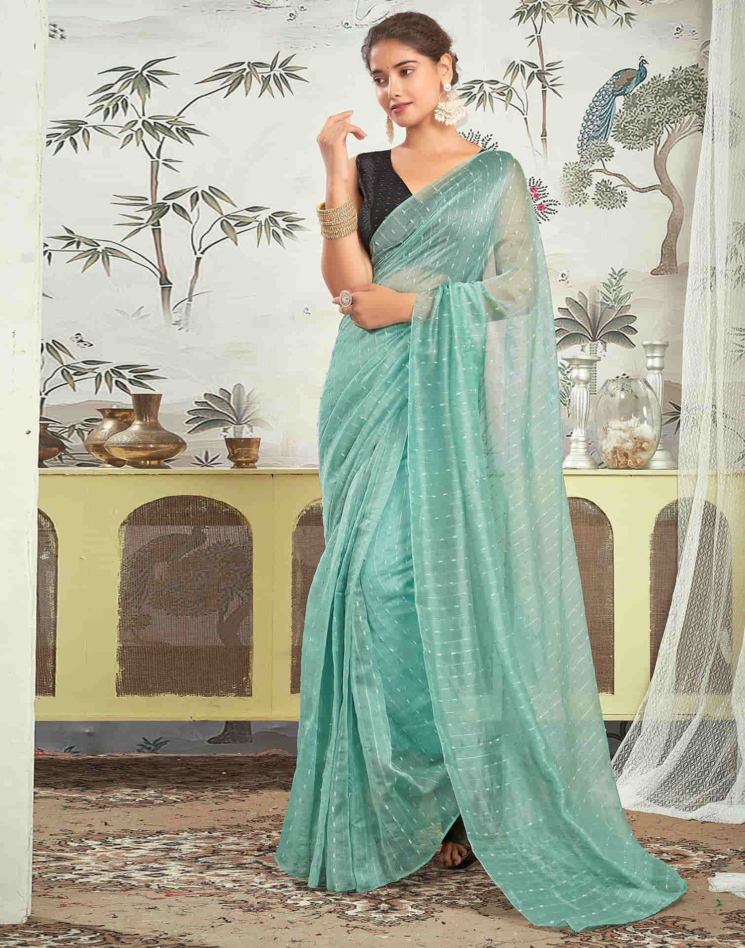 Ready To Wear Turquoise Woven Silk Saree