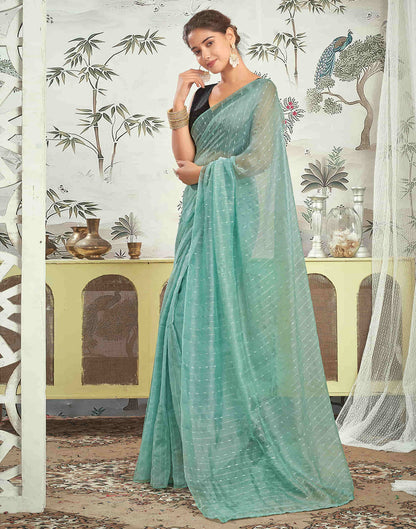 Ready To Wear Turquoise Woven Silk Saree