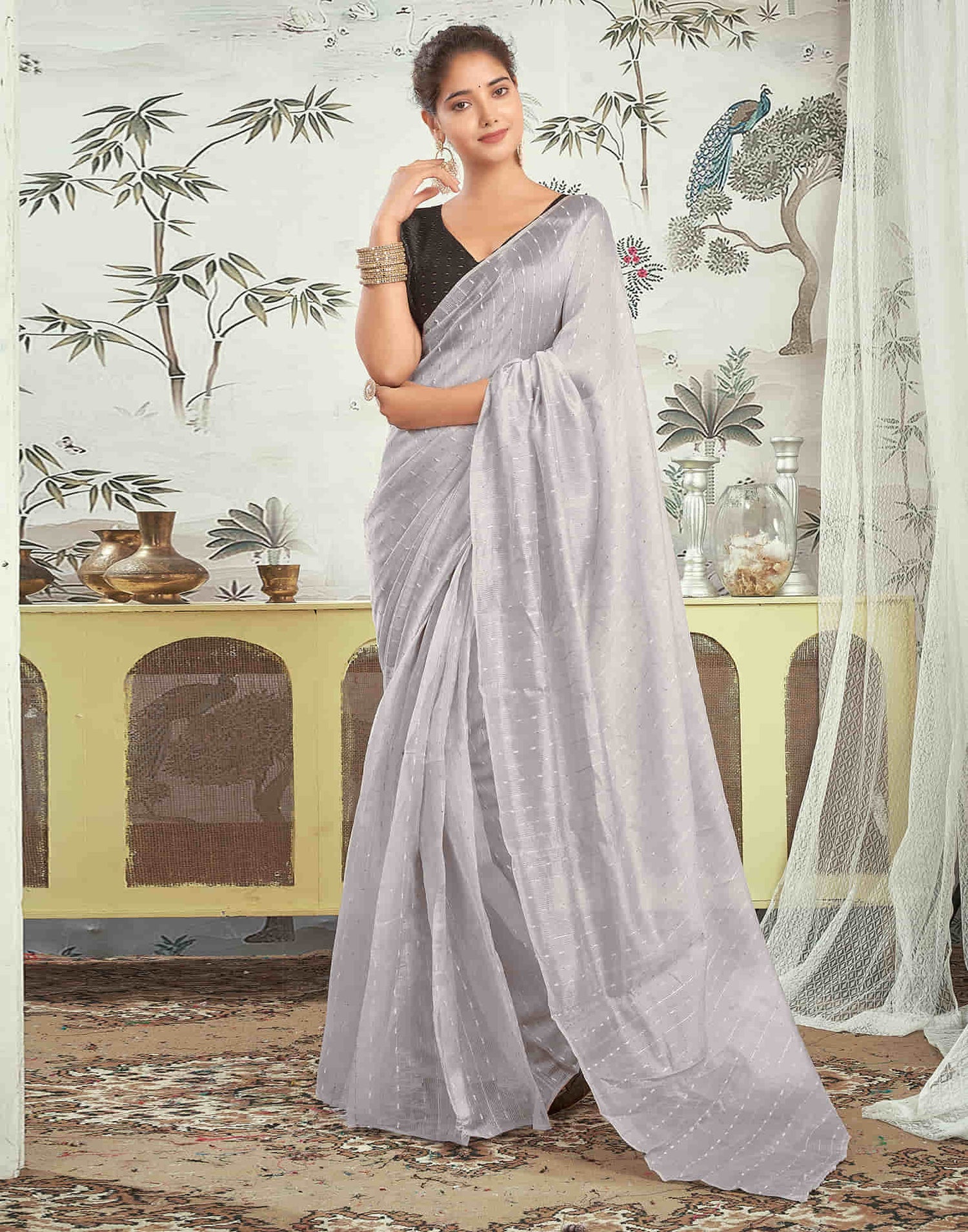 Ready To Wear Grey Woven Silk Saree