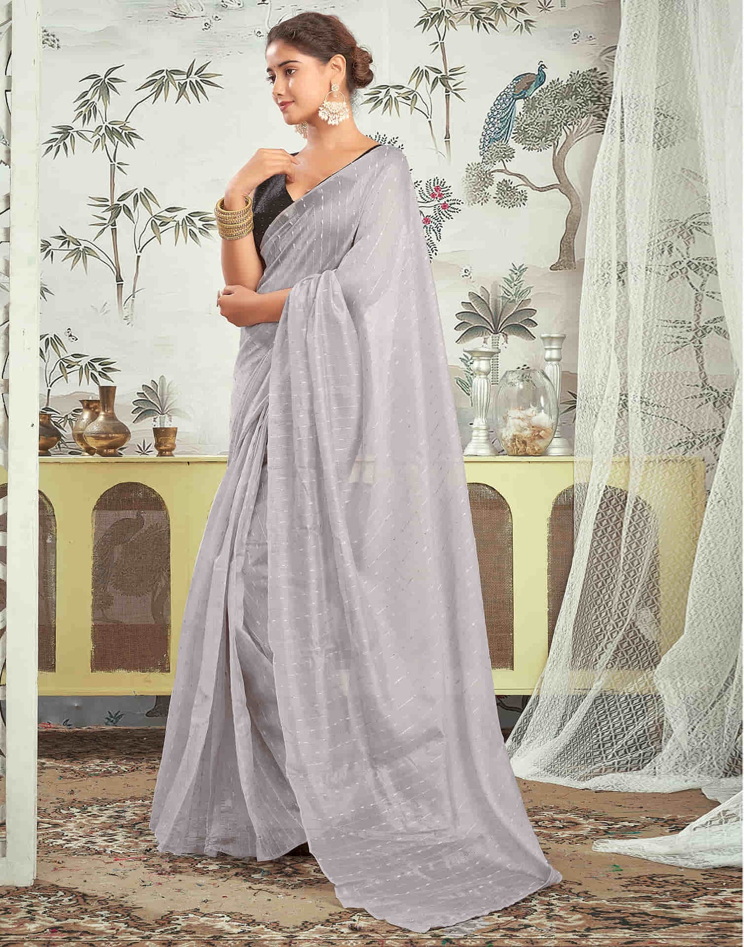 Ready To Wear Grey Woven Silk Saree