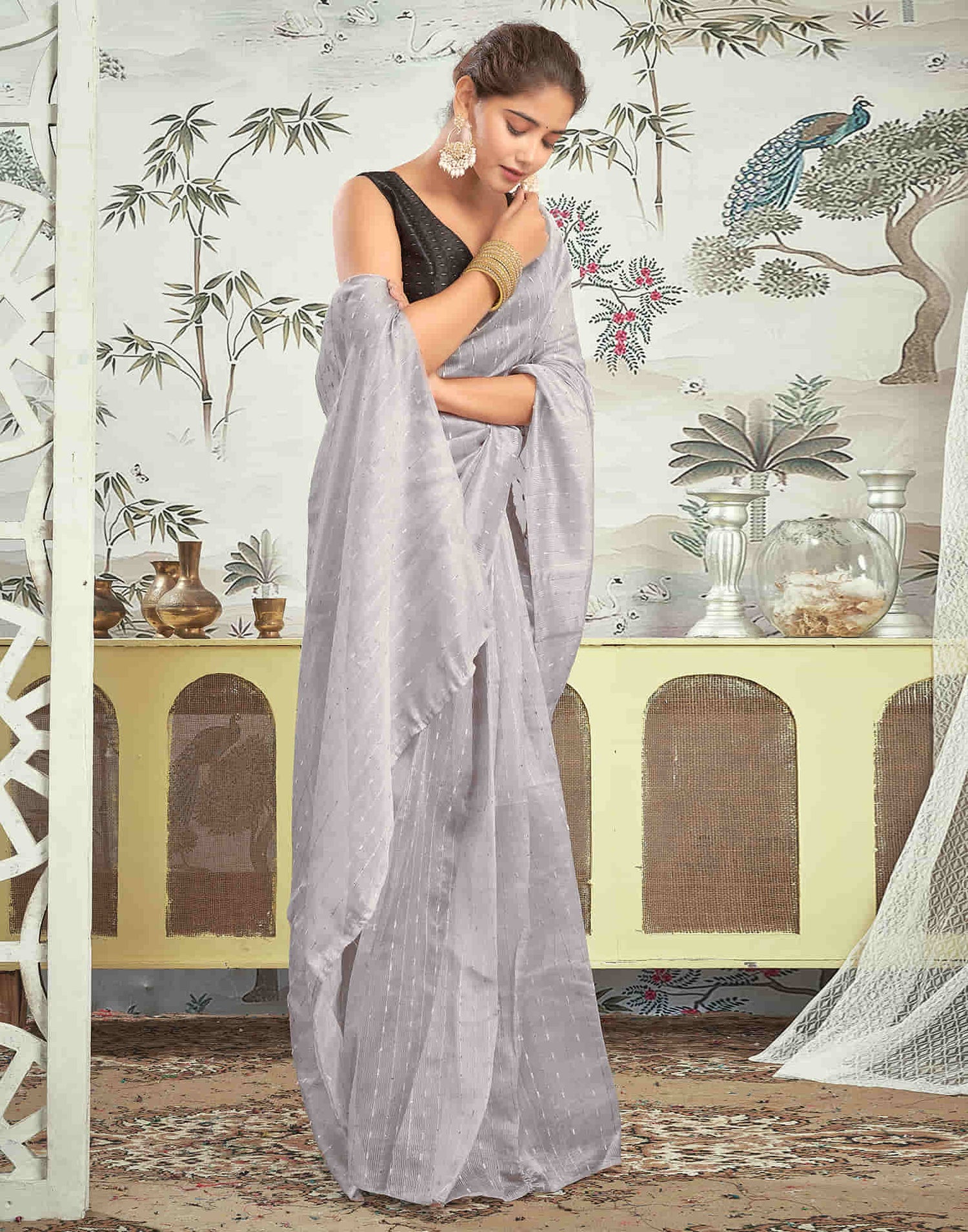 Ready To Wear Grey Woven Silk Saree