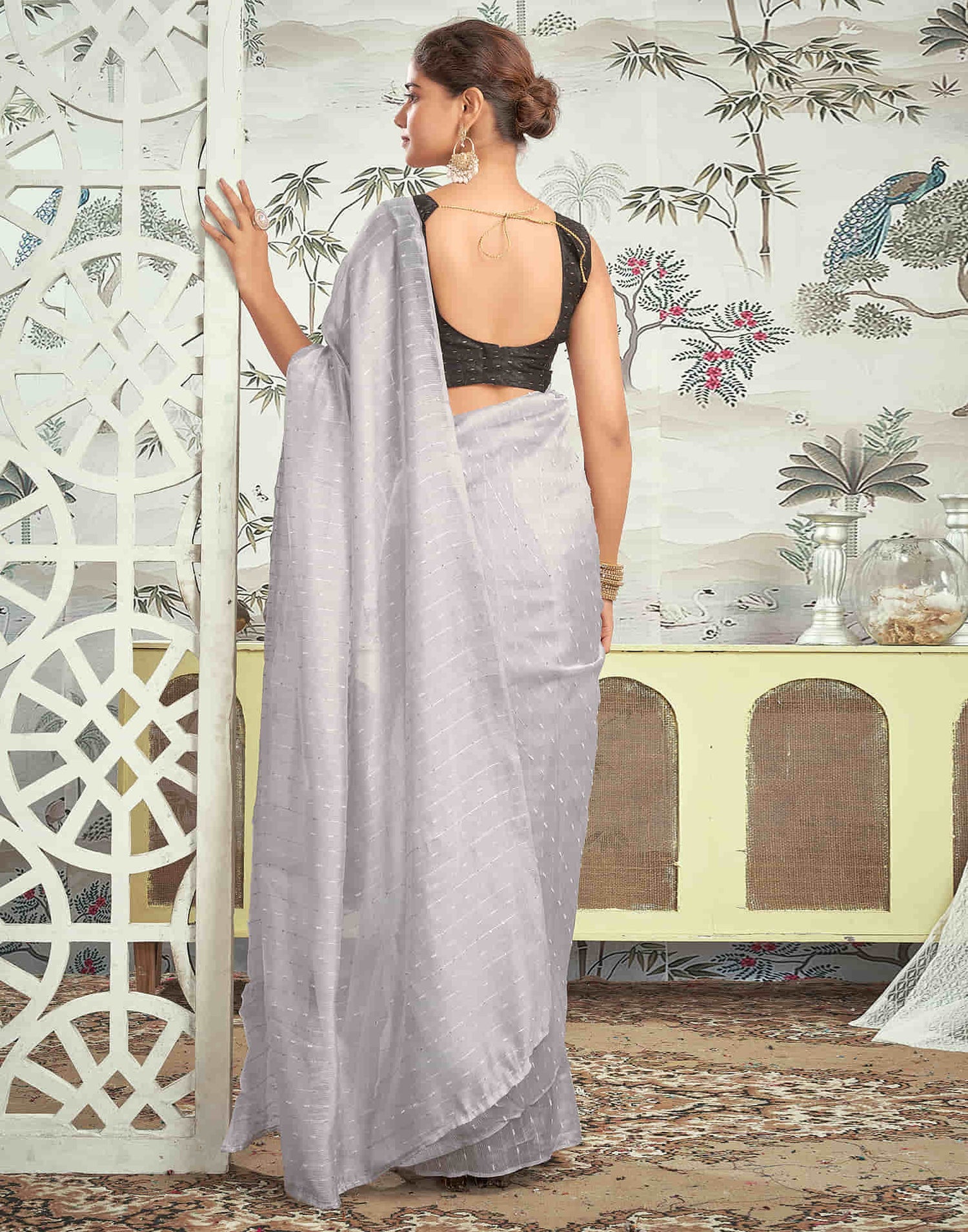 Ready To Wear Grey Woven Silk Saree