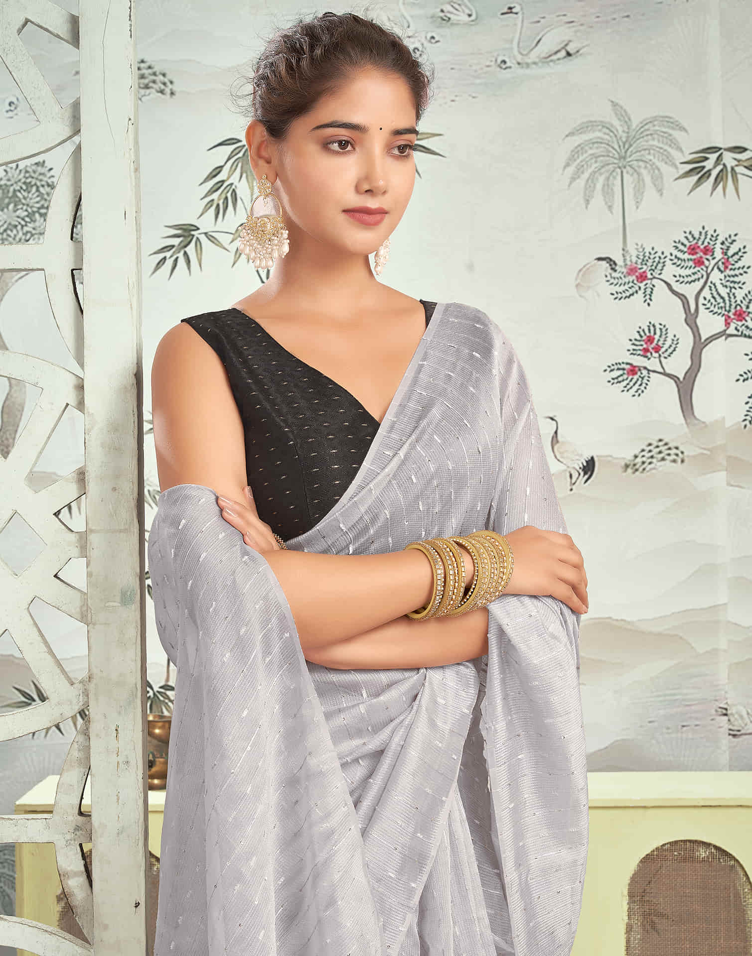 Ready To Wear Grey Woven Silk Saree