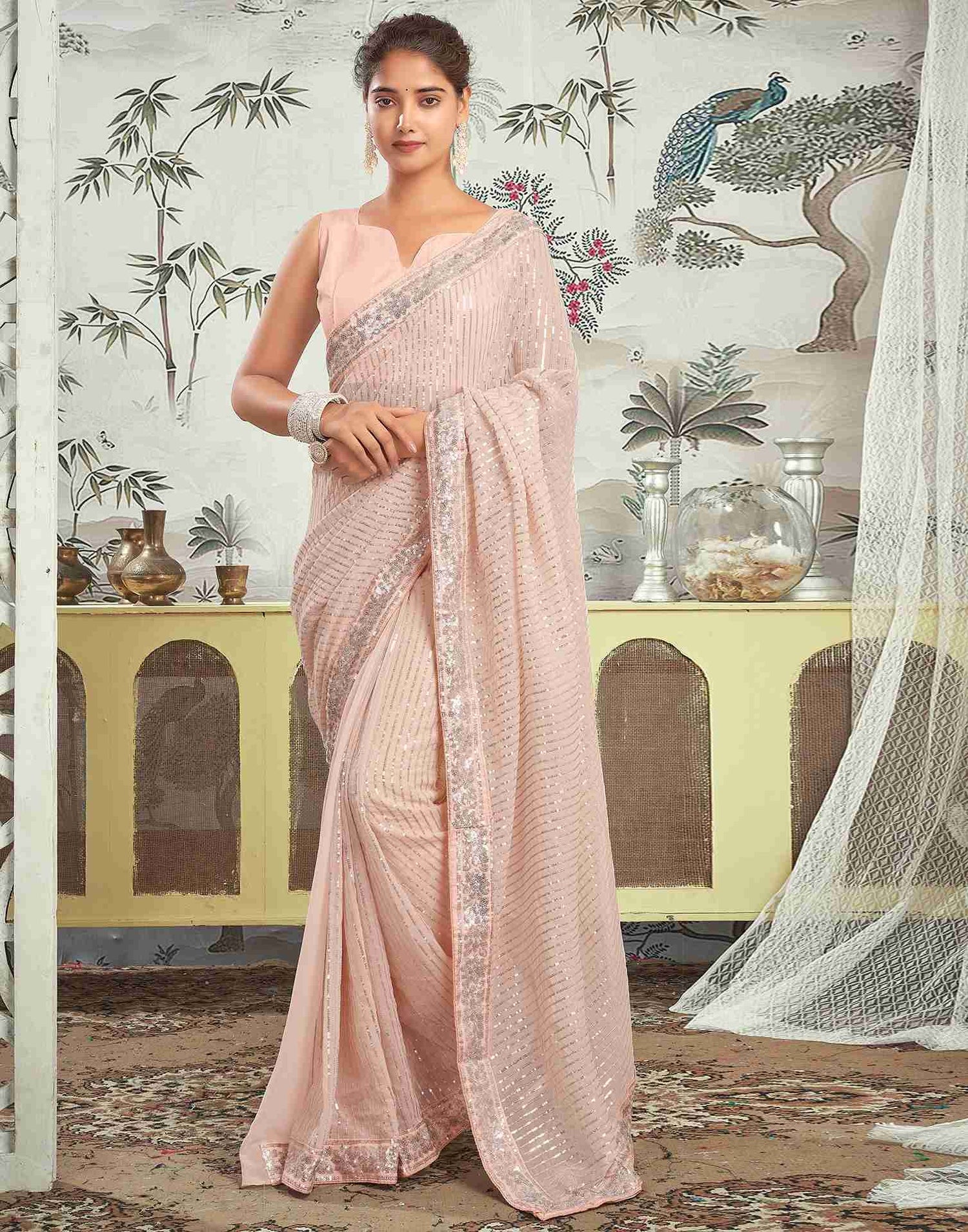 Ready To Wear Light Peach Pink Georgette Sequence Embellished Saree