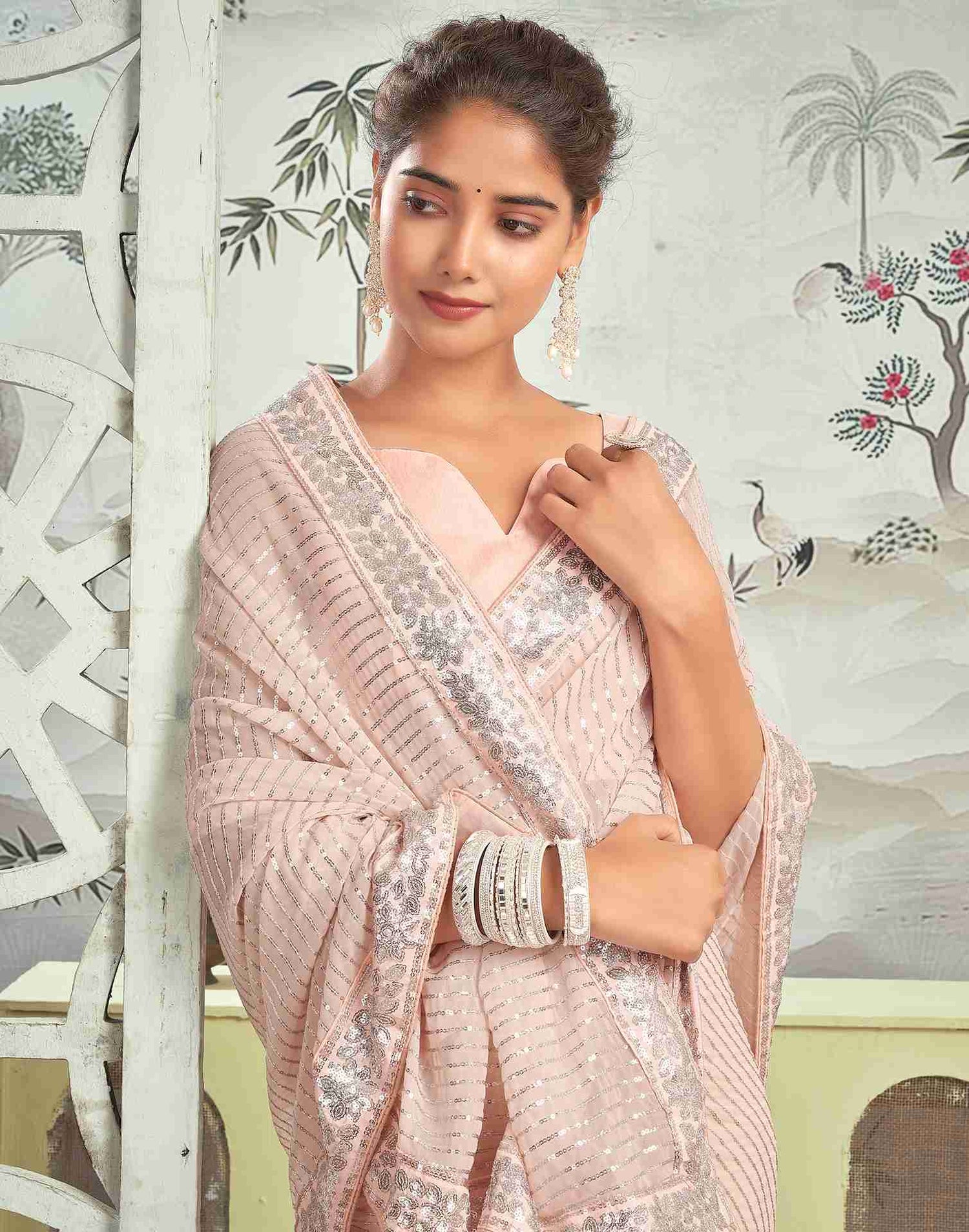 Ready To Wear Light Peach Pink Georgette Sequence Embellished Saree