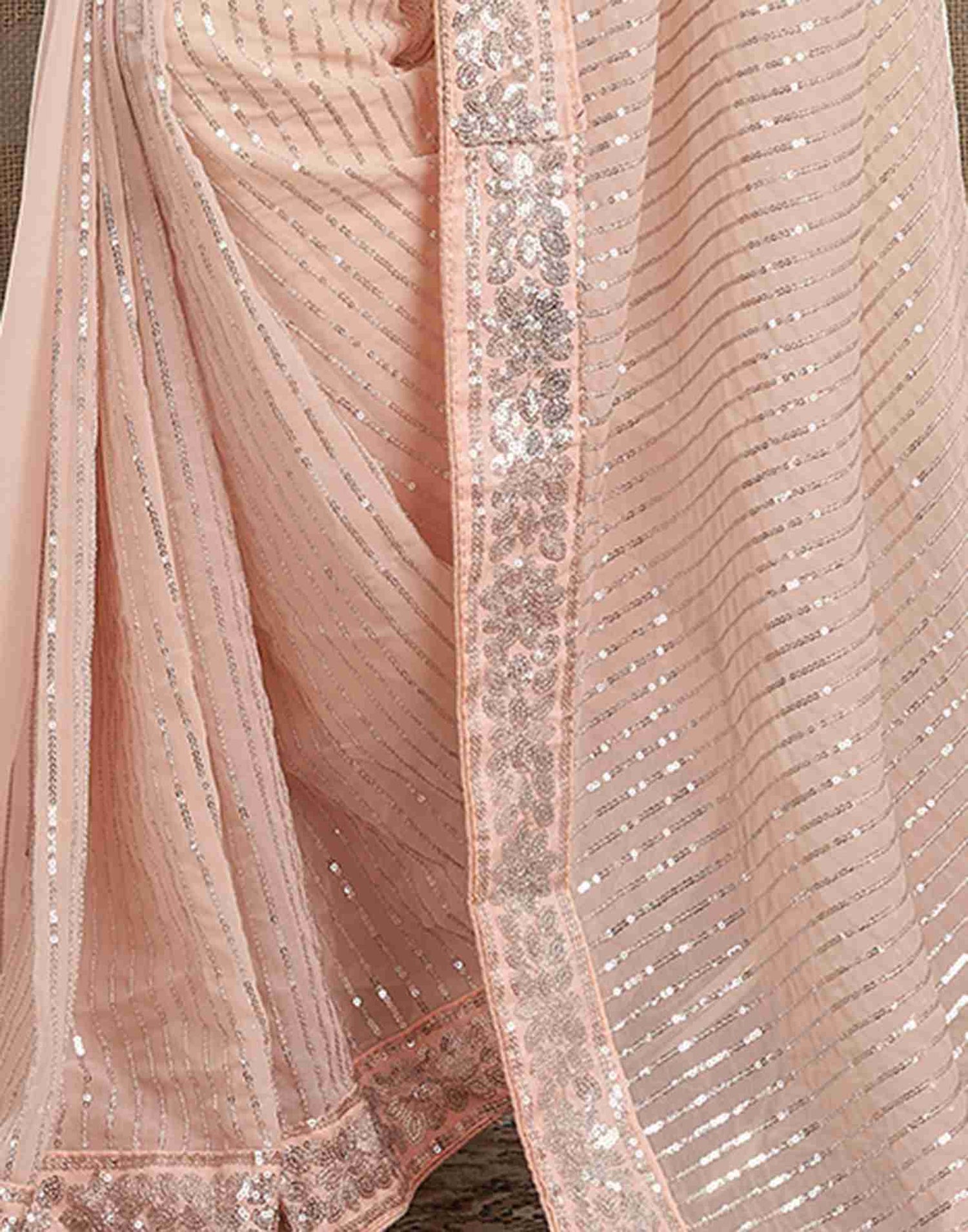 Ready To Wear Light Peach Pink Georgette Sequence Embellished Saree