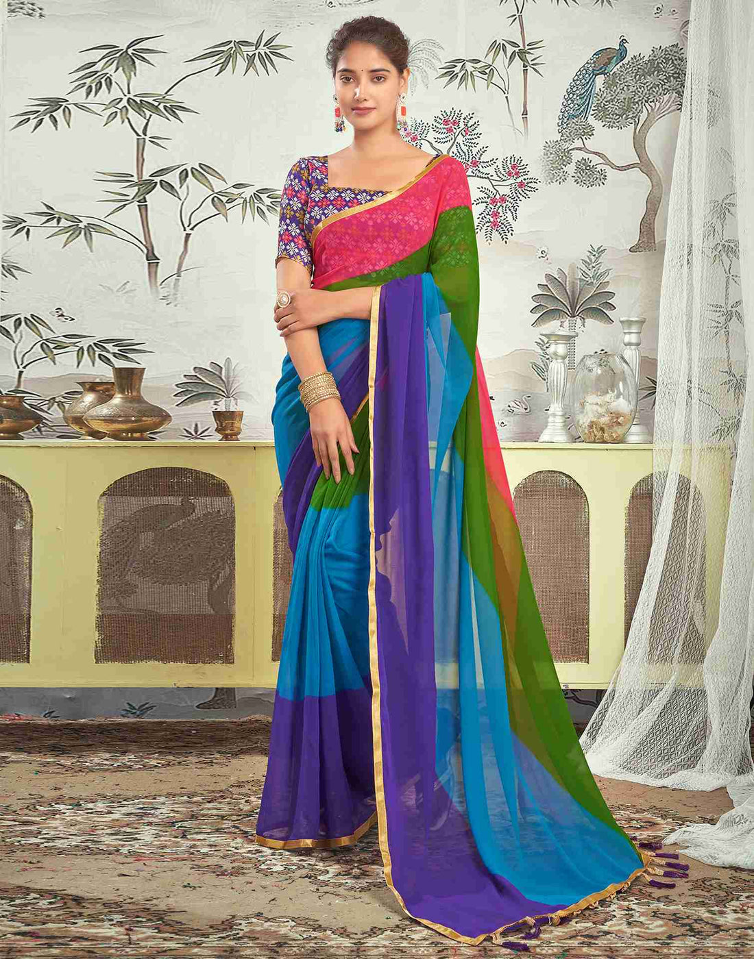 Ready To Wear Multicoloured Georgette Plain Saree