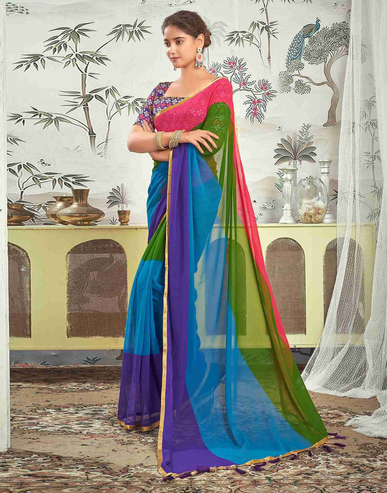 Ready To Wear Multicoloured Georgette Plain Saree