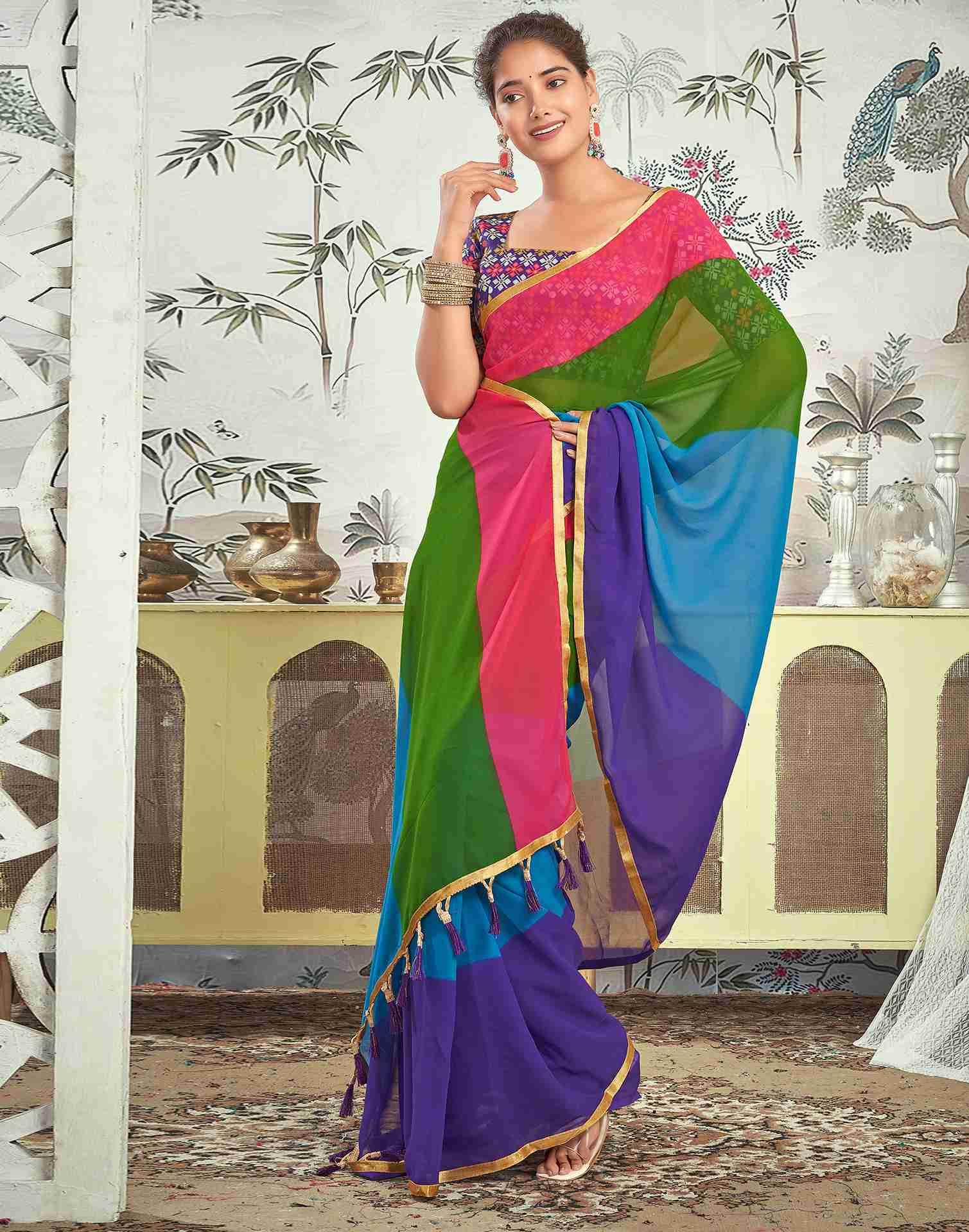 Ready To Wear Multicoloured Georgette Plain Saree