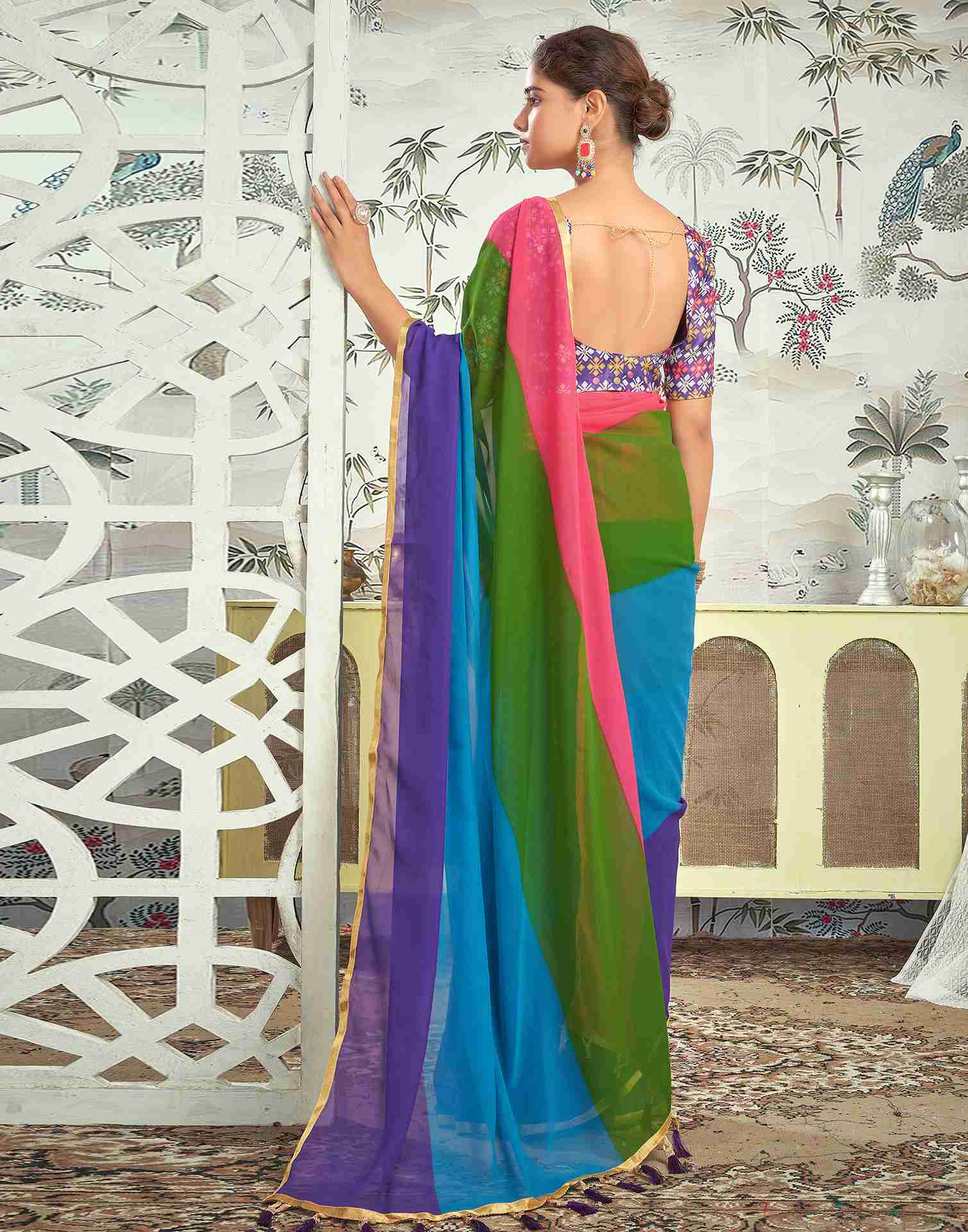 Ready To Wear Multicoloured Georgette Plain Saree