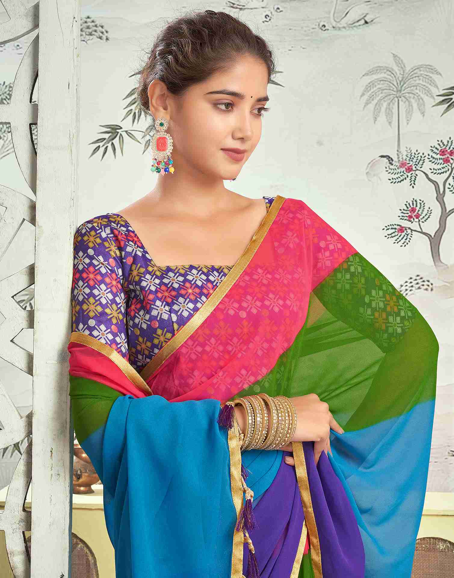 Ready To Wear Multicoloured Georgette Plain Saree