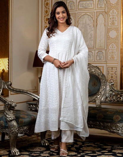 White Rayon Chikankari Embroidery Anarkali Kurta Set With Dupatta
