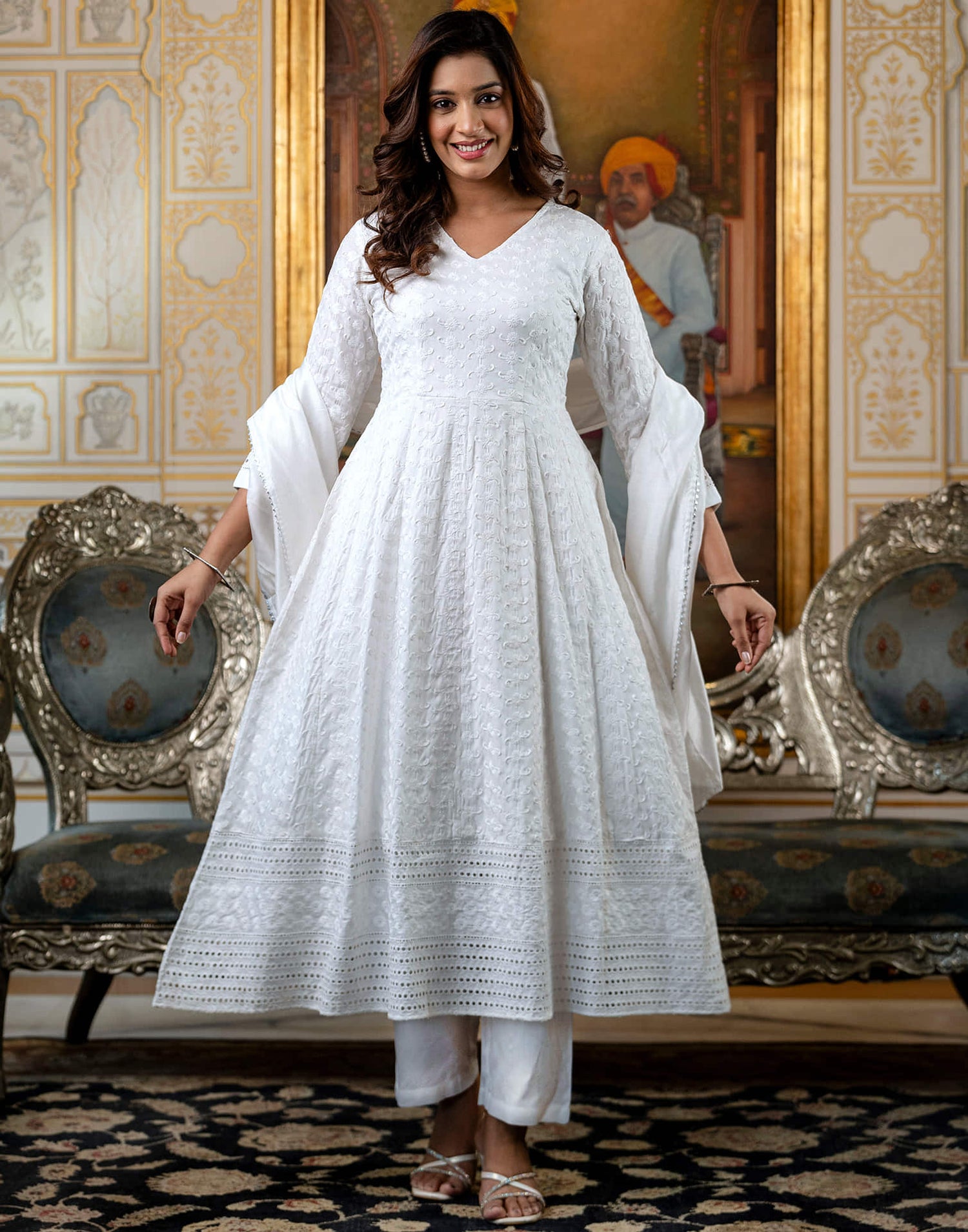 White Rayon Chikankari Embroidery Anarkali Kurta Set With Dupatta