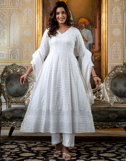 White Rayon Chikankari Embroidery Anarkali Kurta Set With Dupatta
