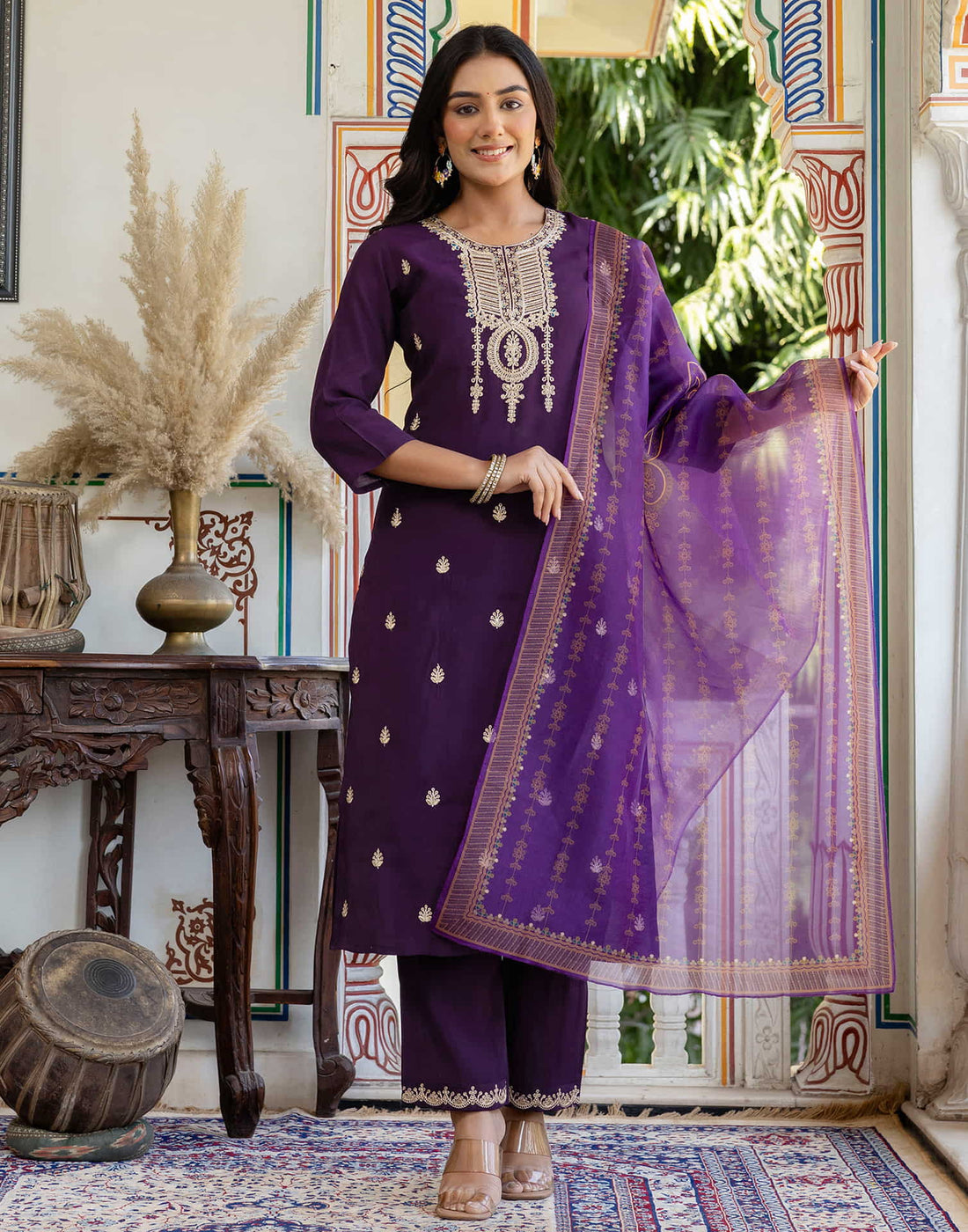 Dark Purple Silk Embroidery Straight Kurta Set With Dupatta