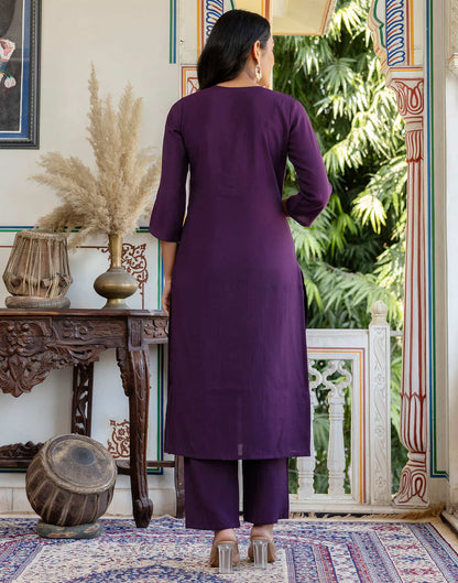 Dark Purple Silk Embroidery Straight Kurta Set With Dupatta