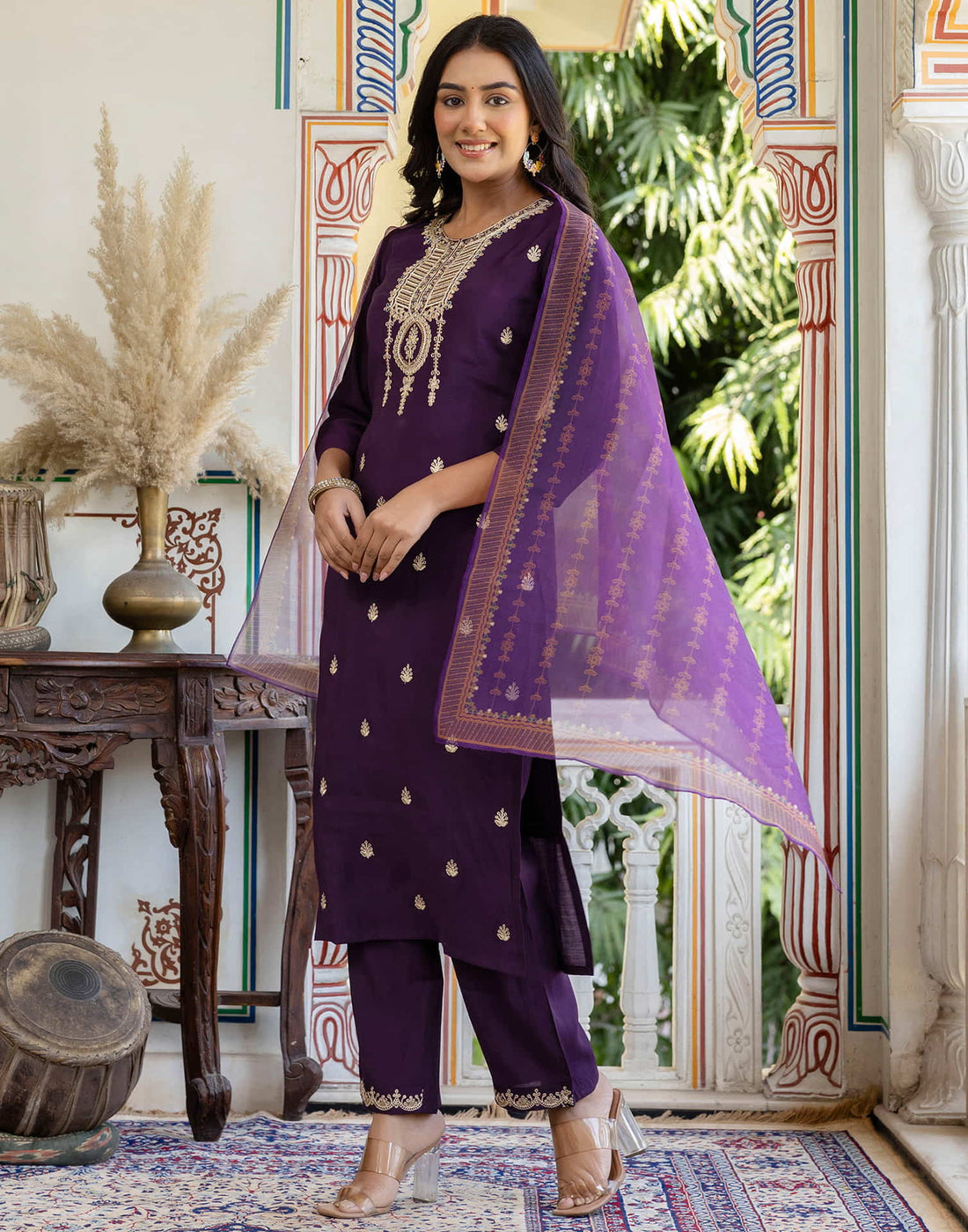 Dark Purple Silk Embroidery Straight Kurta Set With Dupatta