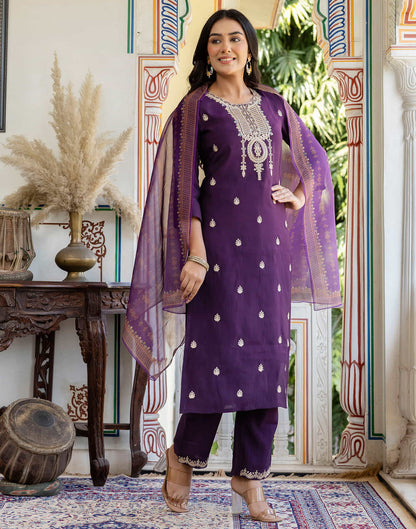 Dark Purple Silk Embroidery Straight Kurta Set With Dupatta