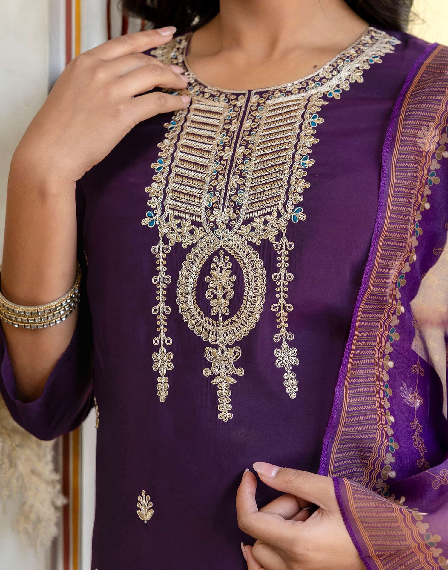 Dark Purple Silk Embroidery Straight Kurta Set With Dupatta