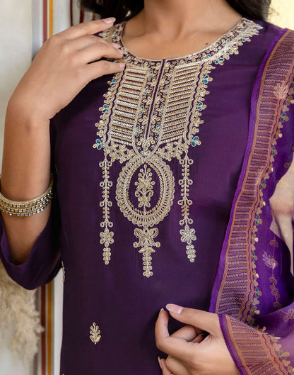 Dark Purple Silk Embroidery Straight Kurta Set With Dupatta