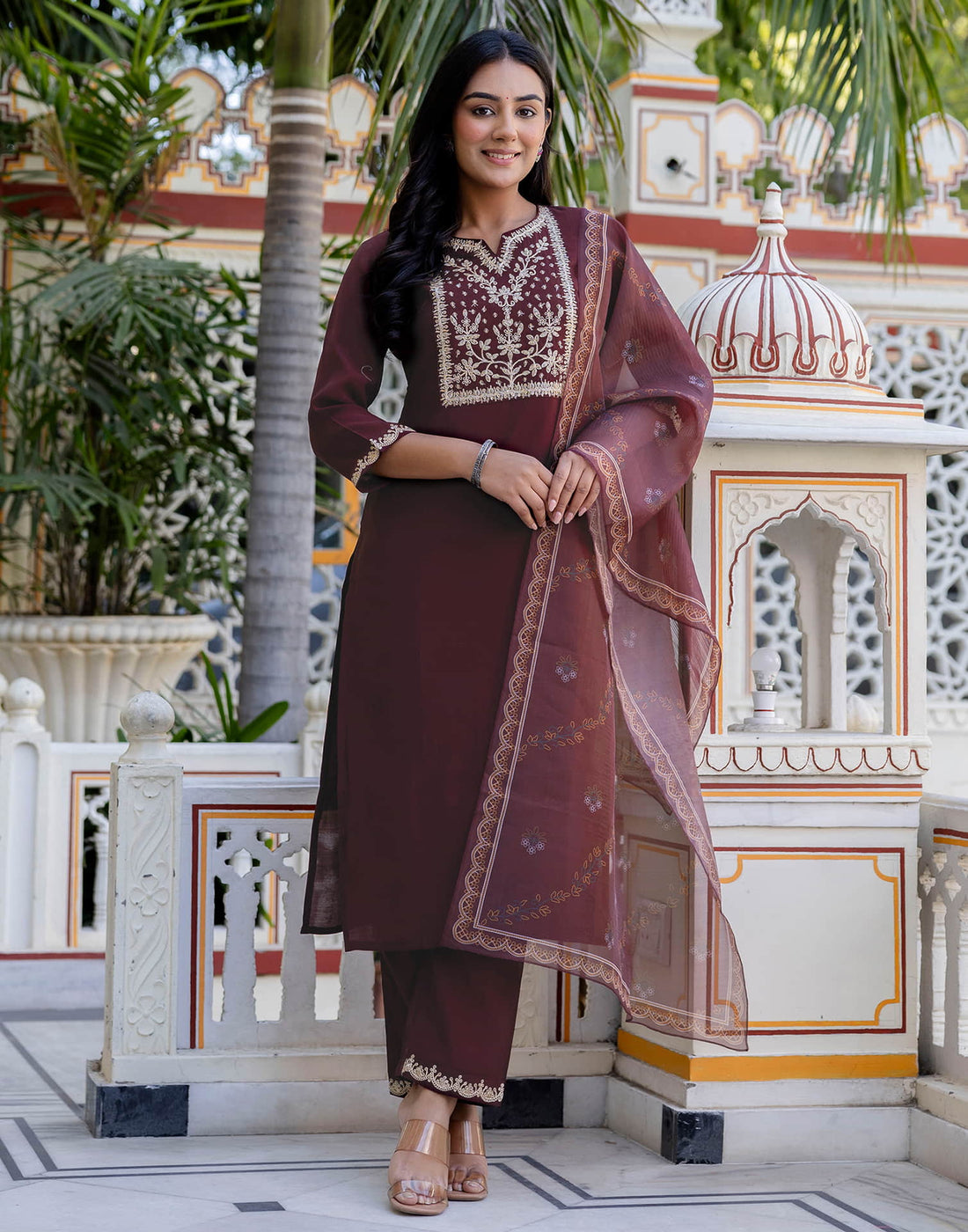 Brown Silk Embroidery Straight Kurta Set With Dupatta