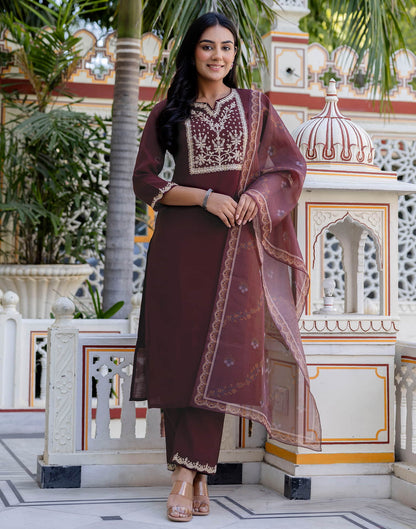 Brown Silk Embroidery Straight Kurta Set With Dupatta