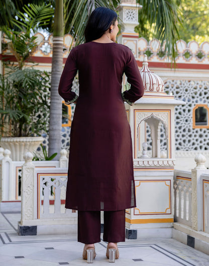Brown Silk Embroidery Straight Kurta Set With Dupatta