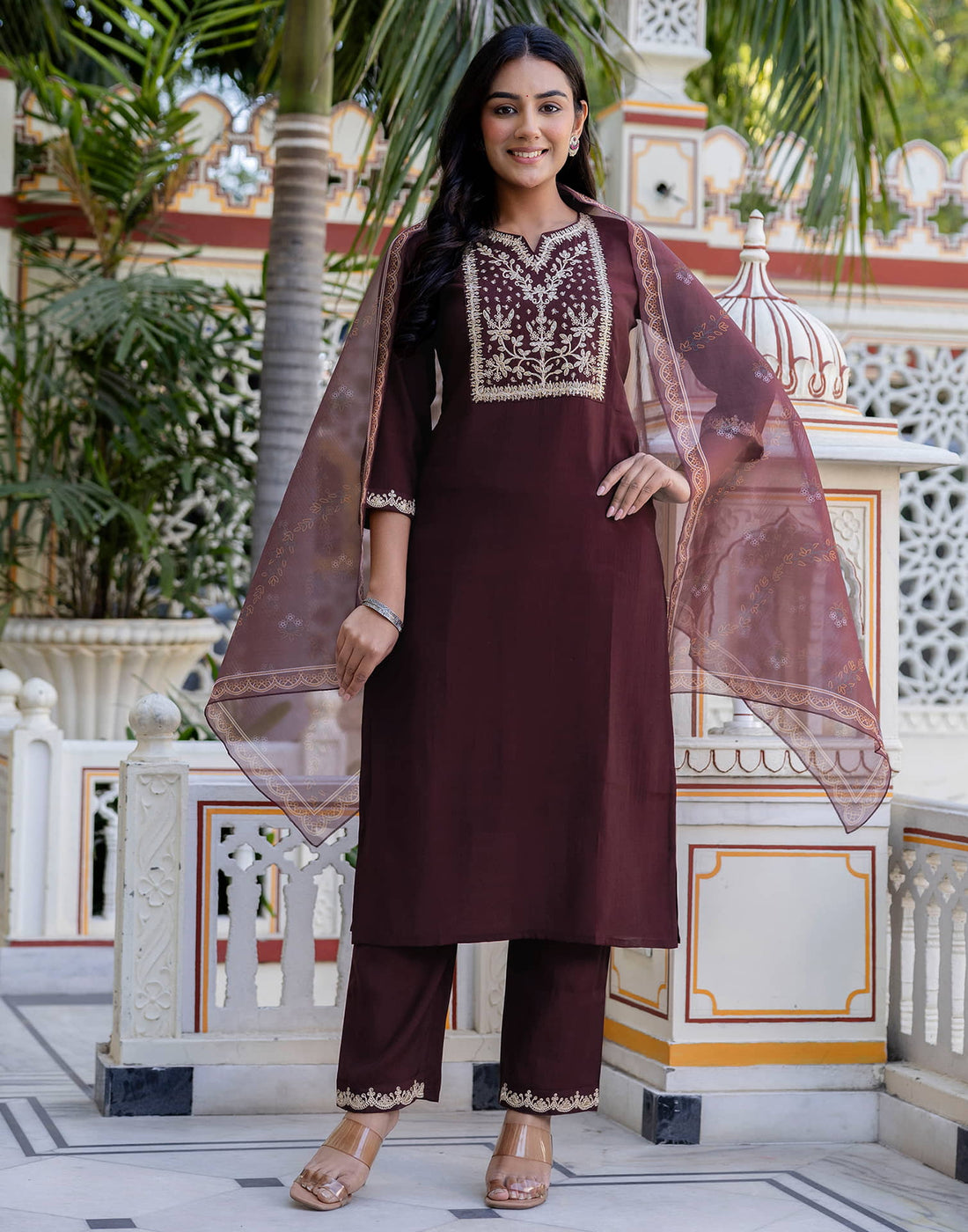 Brown Silk Embroidery Straight Kurta Set With Dupatta